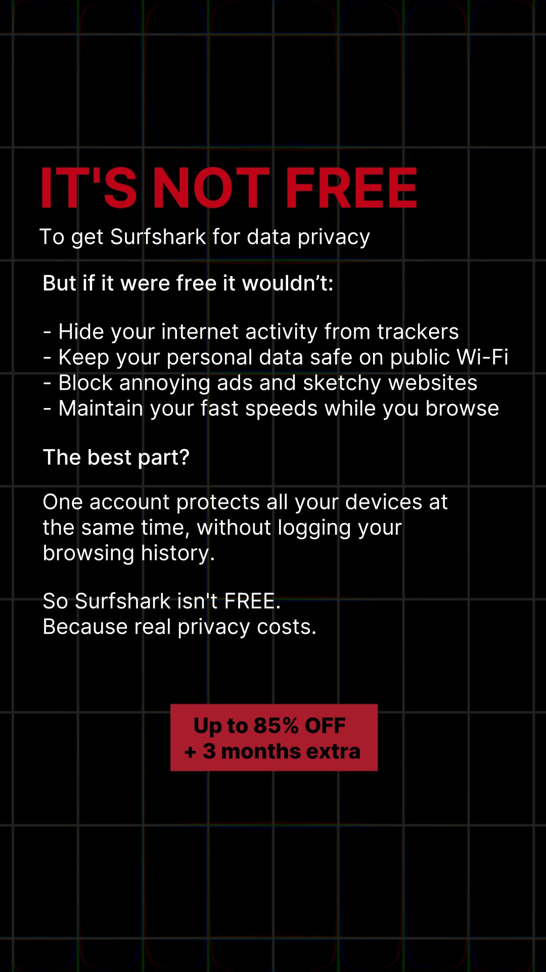 Surfshark Facebook ad: Surfshark from 85% off + 3 months extra