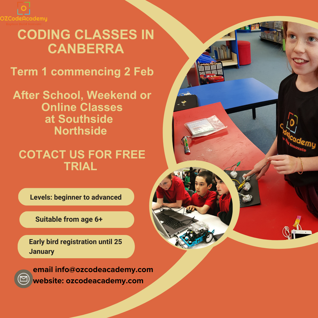 OzCode Academy Facebook ad: Term 1 coding classes in Canberra.