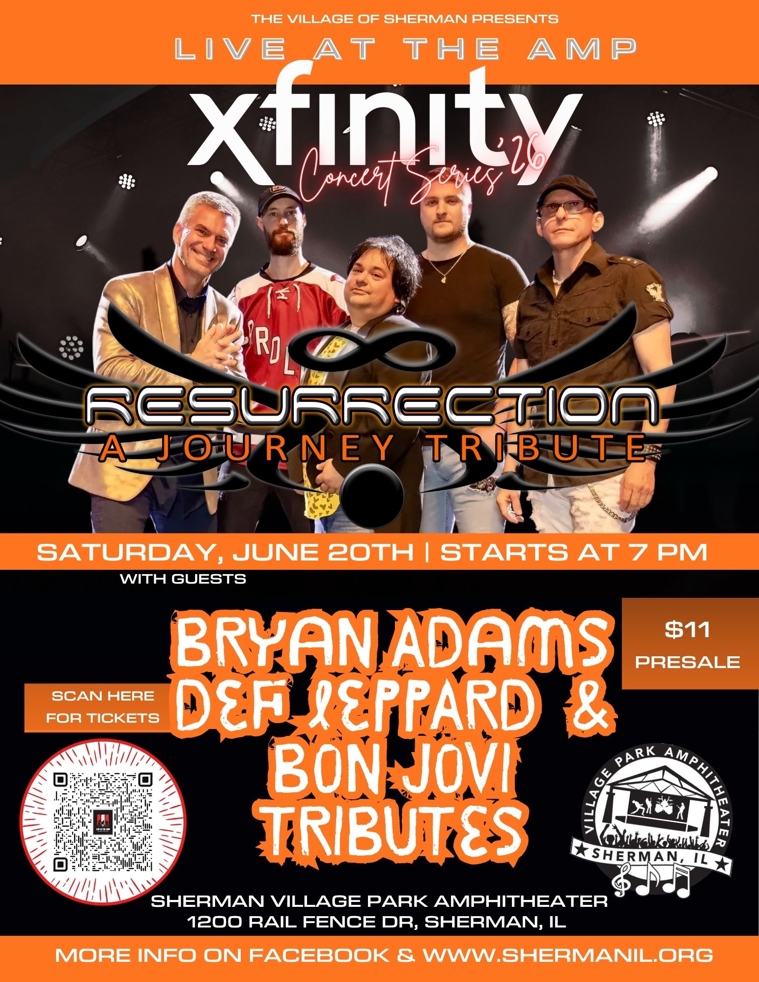 Sherman Village Park Amphitheater Facebook ad: Resurrection A Journey Tribute with special guests Bryan…