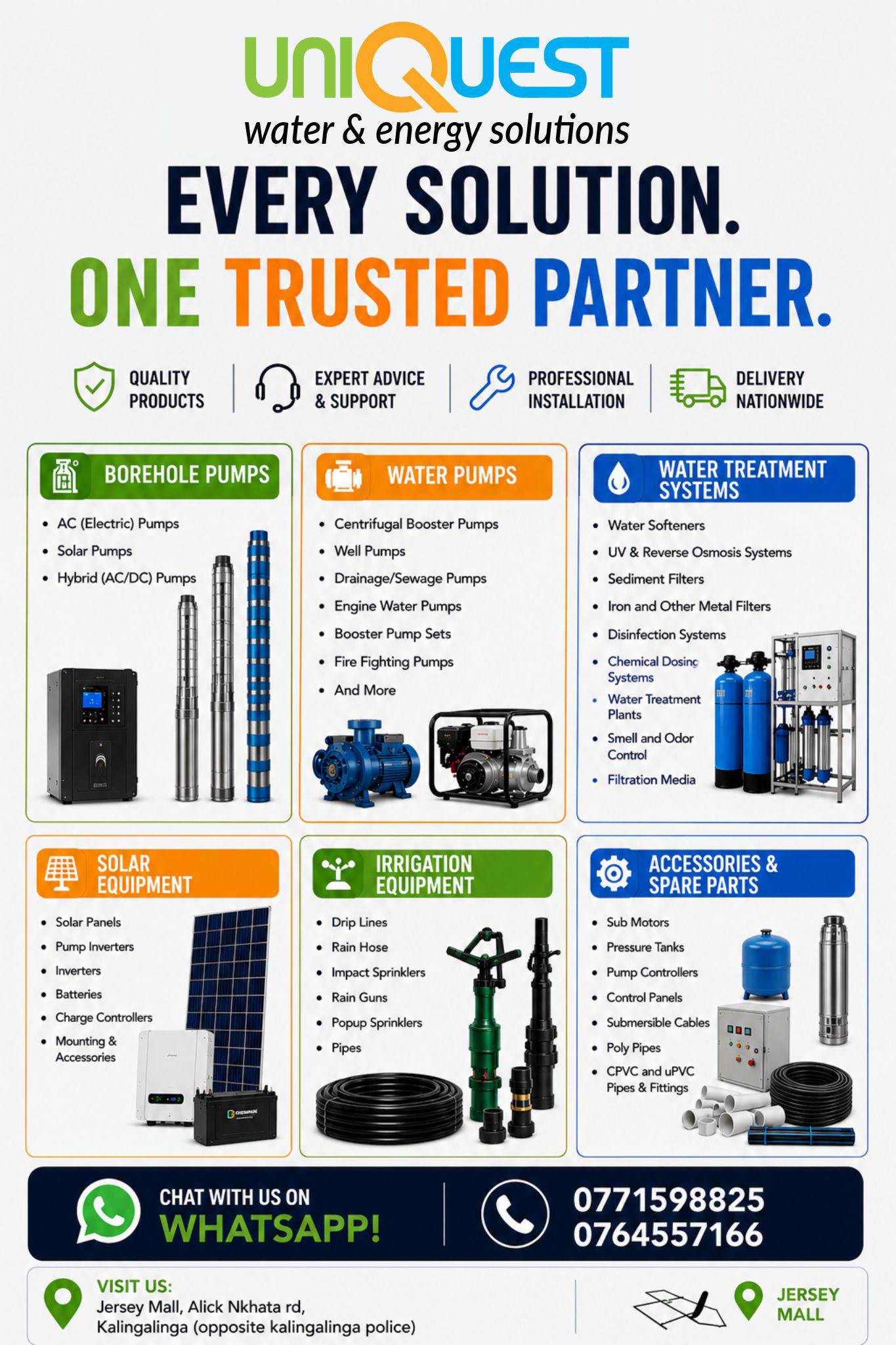 Uniquest Water & Energy Solutions Facebook ad: COMPLETE WATER, SOLAR & IRRIGATION SOLUTIONS