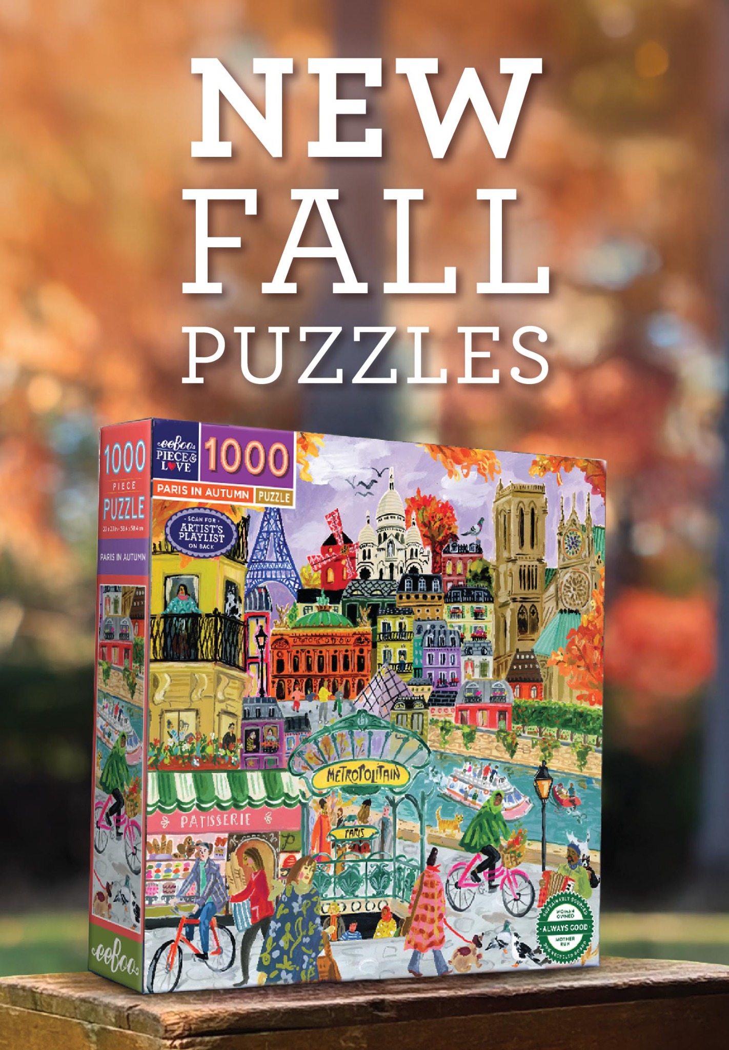 Piece & Love Facebook ad: Explore eeBoo's beautiful collection of Fall puzzles…