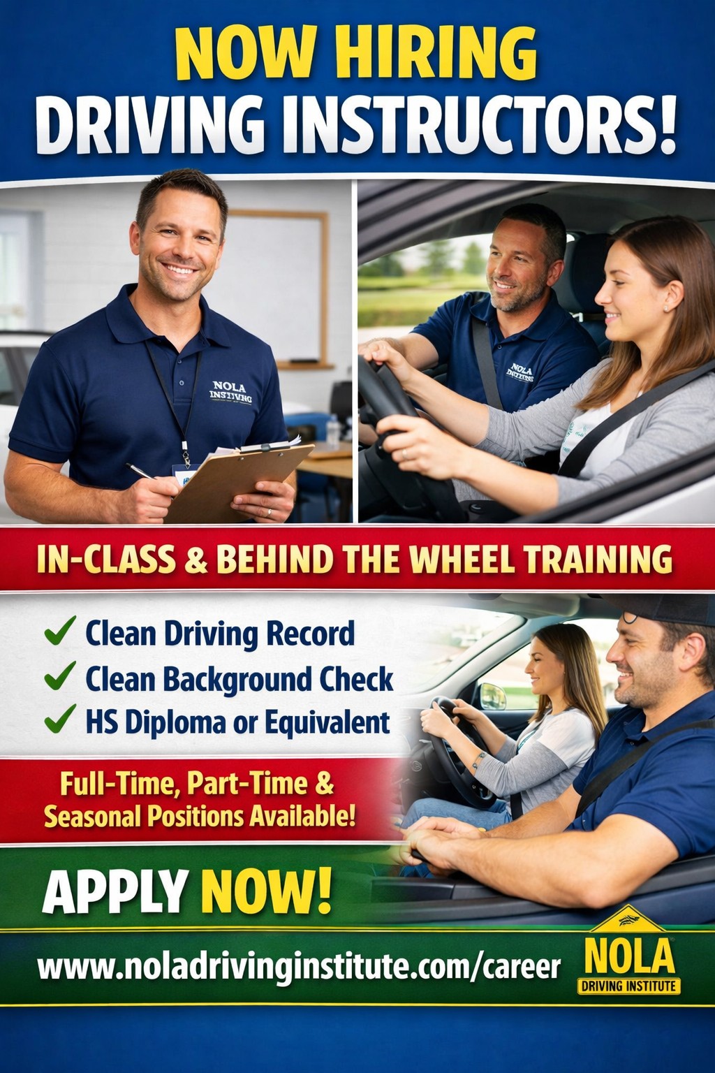 NOLA Driving Institute Facebook ad: NOW HIRING DRIVING INSTRUCTORS!