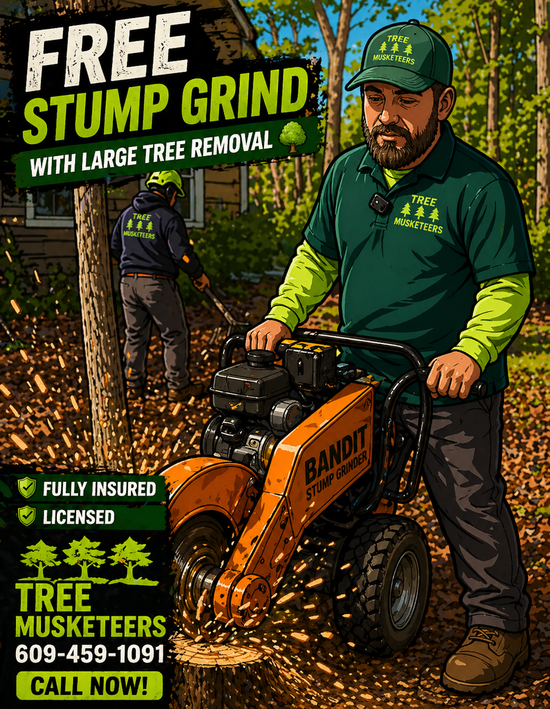 Tree Musketeers Facebook ad: Free stump grind with large tree removal