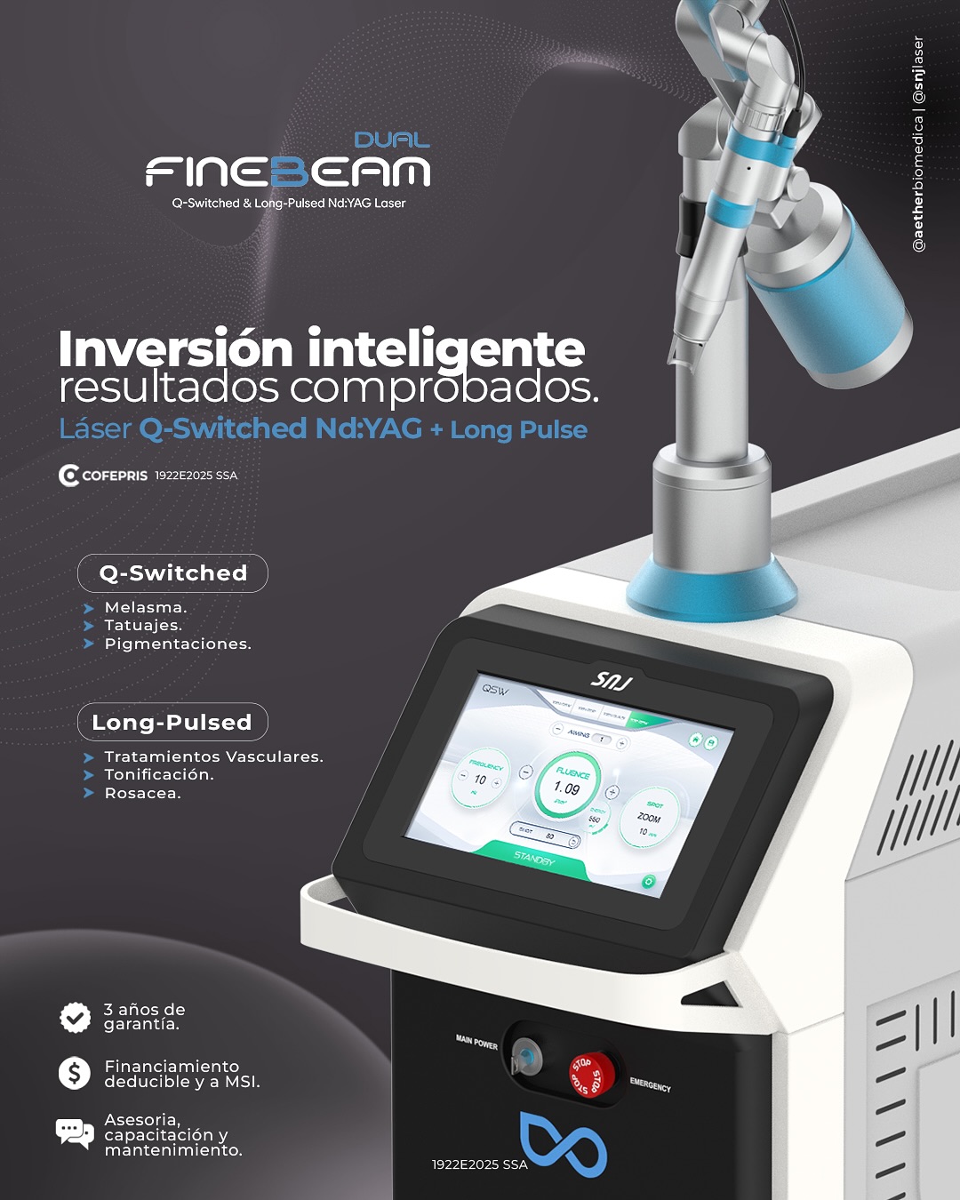 snjlaser Facebook ad: Finebeam Dual | Láser Q-Switched Nd:YAG + Long-Pulse.
