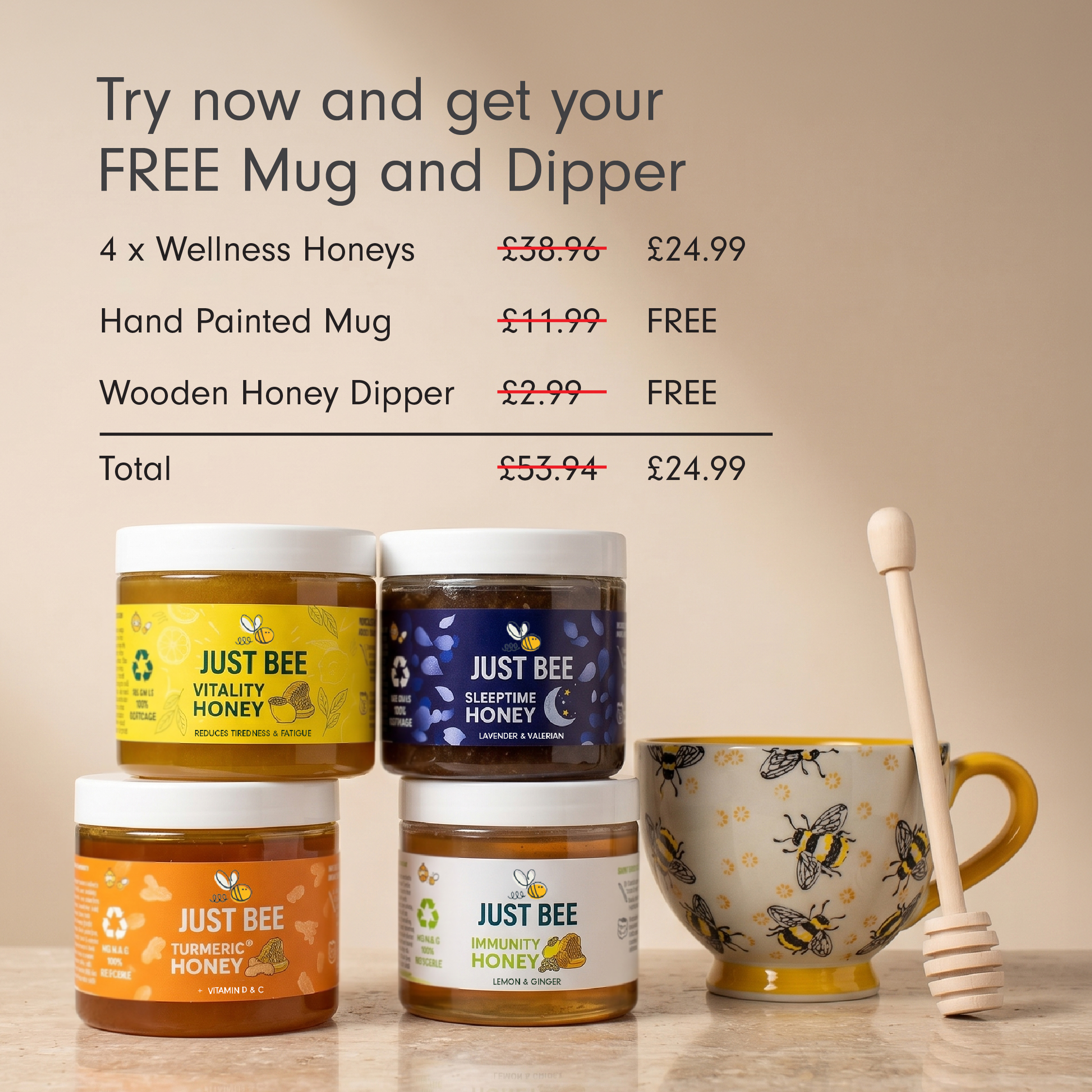 Just Bee Honey Facebook ad: Free Mug & Dipper