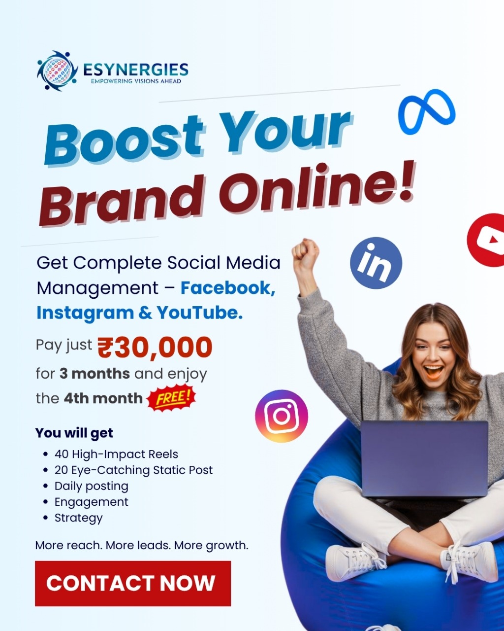 esynergies workspace Facebook ad: Get 4th Month FREE | Complete Social Media Package @ ₹30K