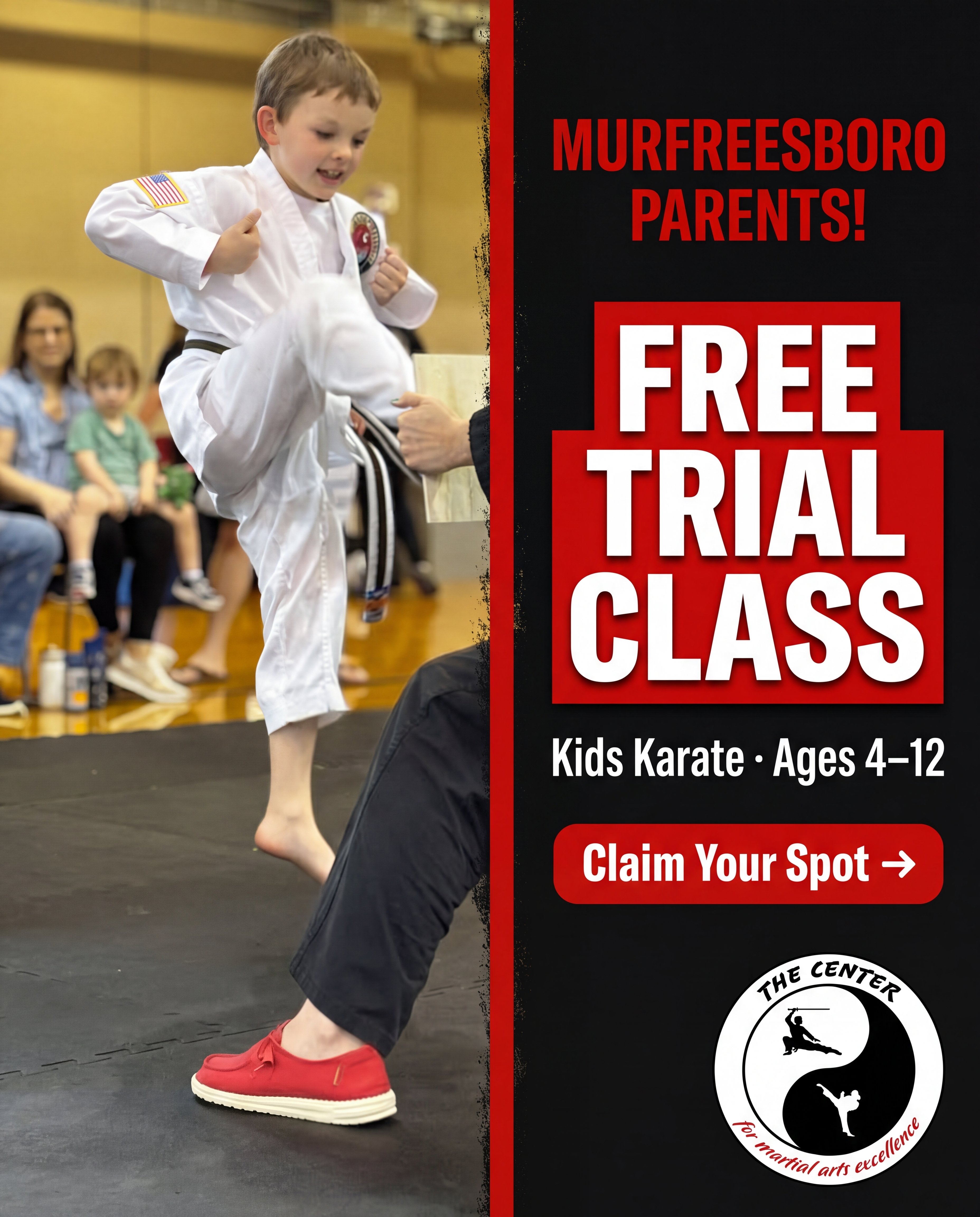 The Center for MA Facebook ad: Spots Filling Fast, Free Trial Class