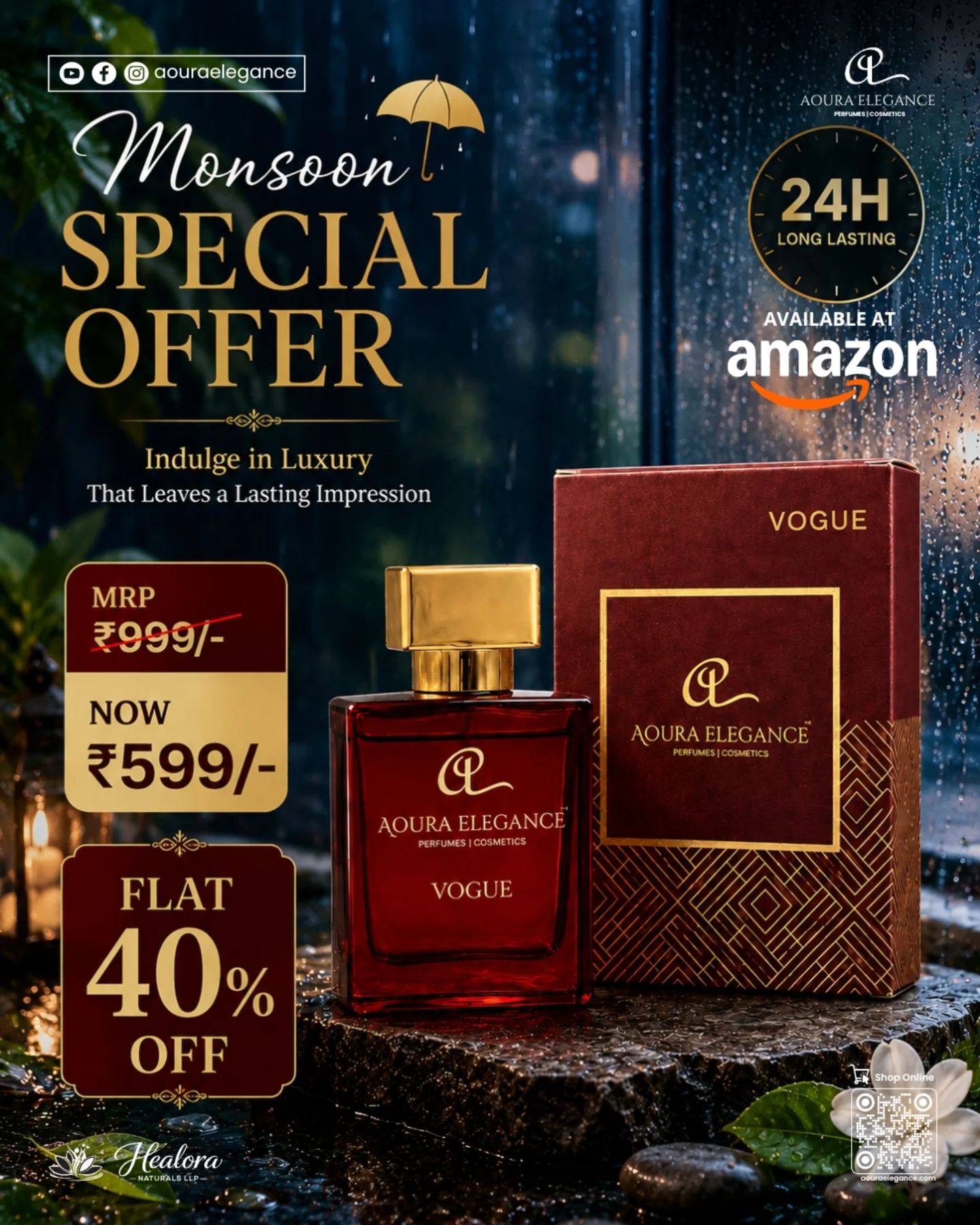 Aouraelegance Facebook ad: Monsoon vibes meet timeless luxury.