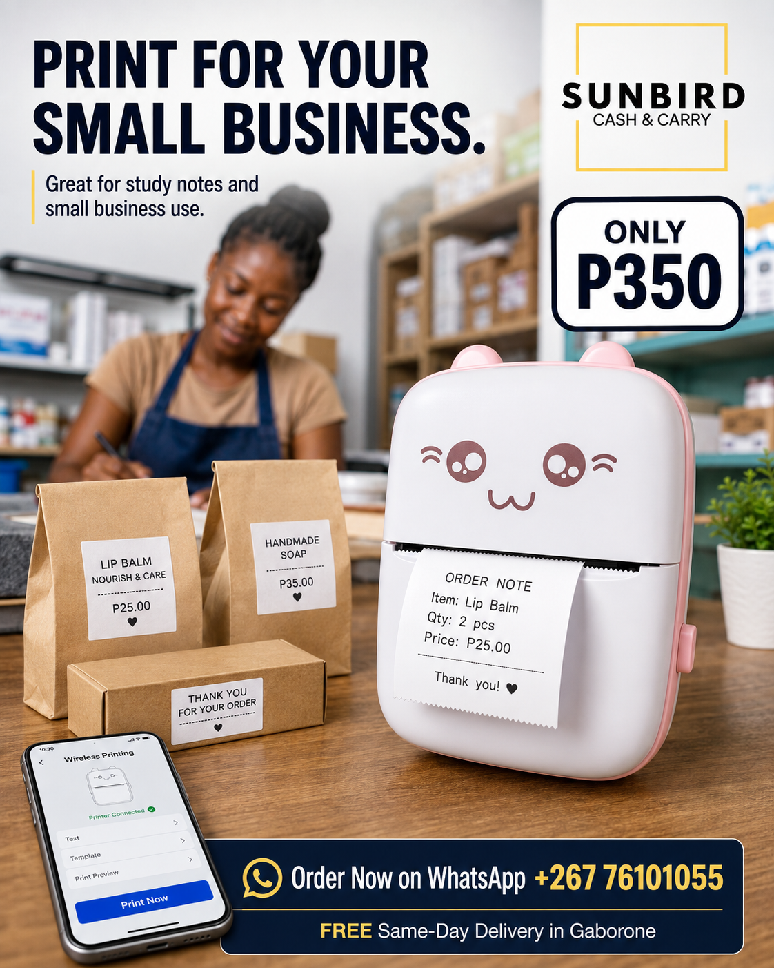 SunBird Cash & Carry Facebook ad: Mini Portable Printer + 10 Rolls, Only P350