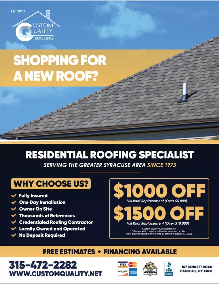 Custom Quality Roofing Contractors, Inc Facebook ad: Custom Quality Roofing