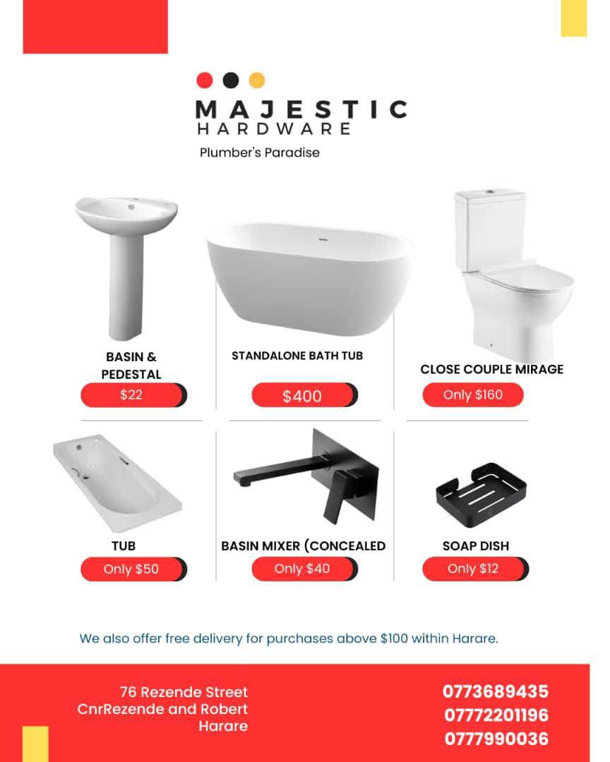 Majestic Hardware Zimbabwe Facebook ad: For all your plumbing materials in one-place.
