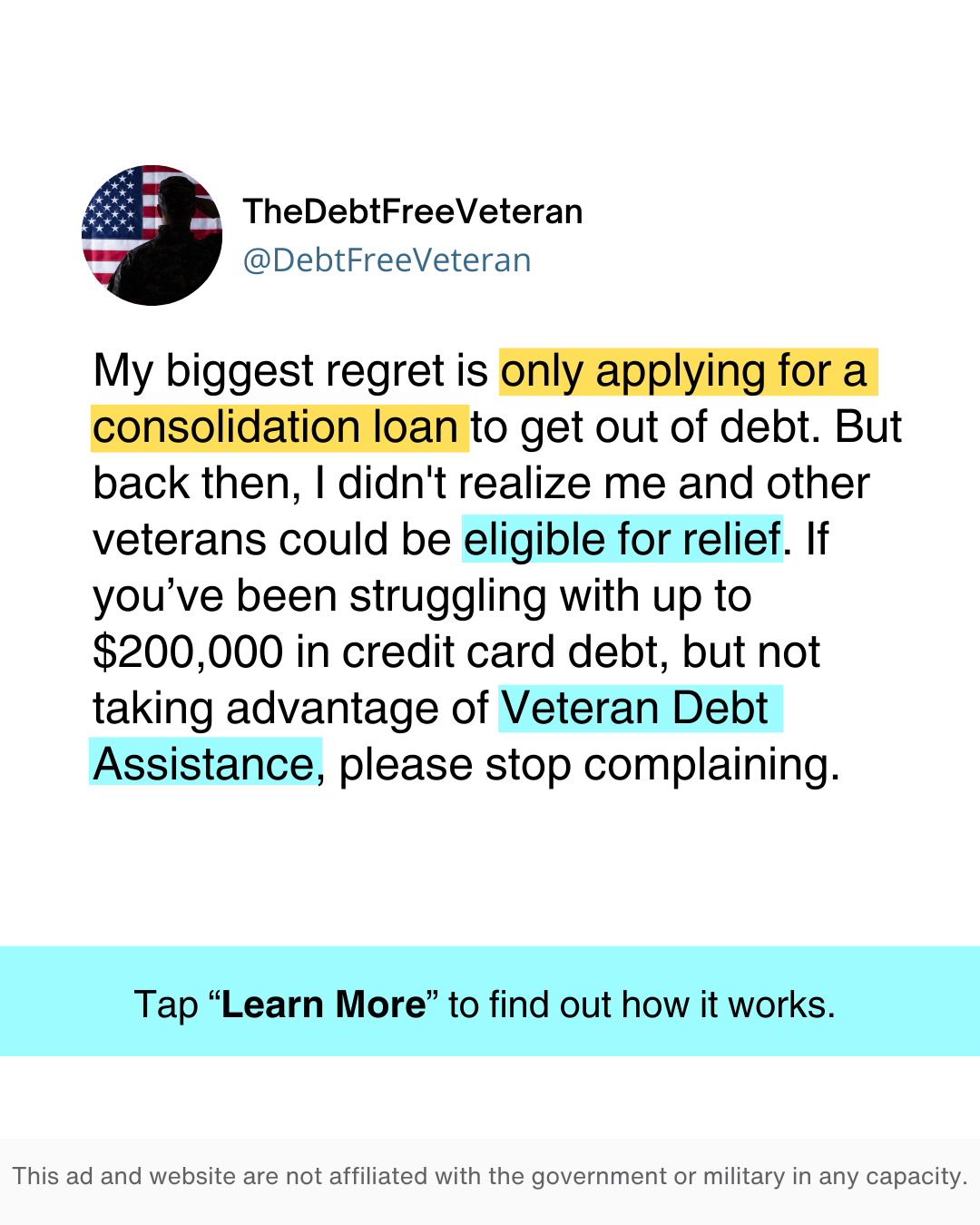 Veteran Debt Assistance Facebook ad