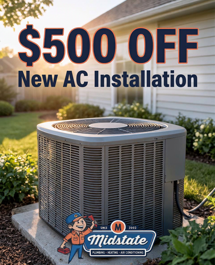 Midstate Plumbing Facebook ad: $0 Trip Charge + Same-Day AC Repair