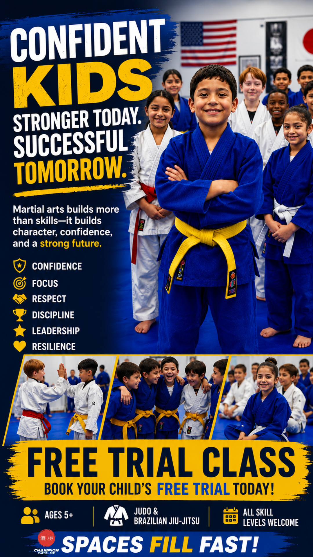 Champion Martial Arts Facebook ad: Kids Jiu-Jitsu & Judo Classes for Ages 5+