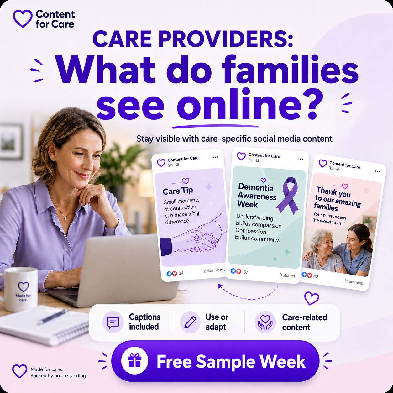Growth In Care Facebook ad: Get Your Free Sample Week Today