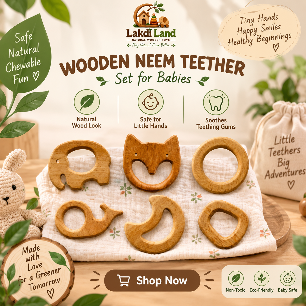 Lakdi land Facebook ad: Buy Natural Wooden Neem Teether Set!