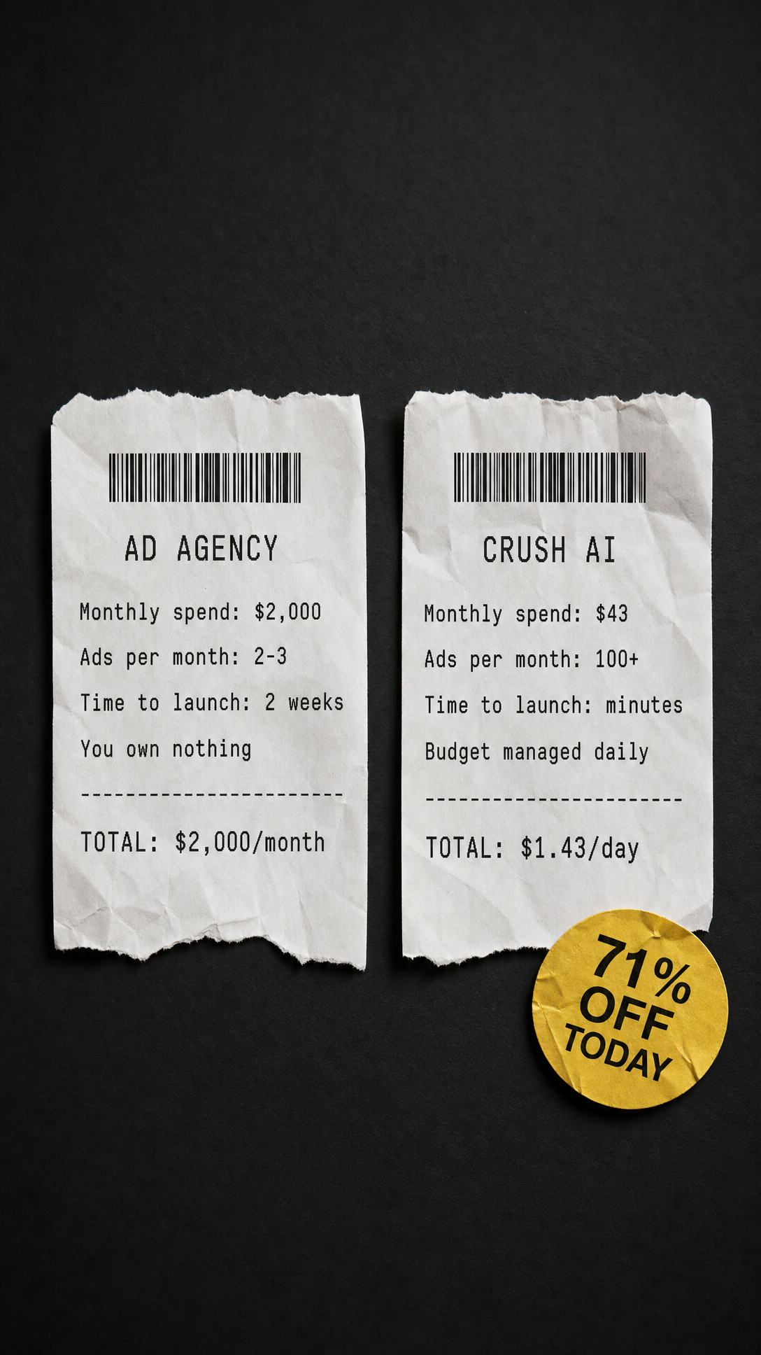 trycrush.ai Facebook ad: The receipt says it all