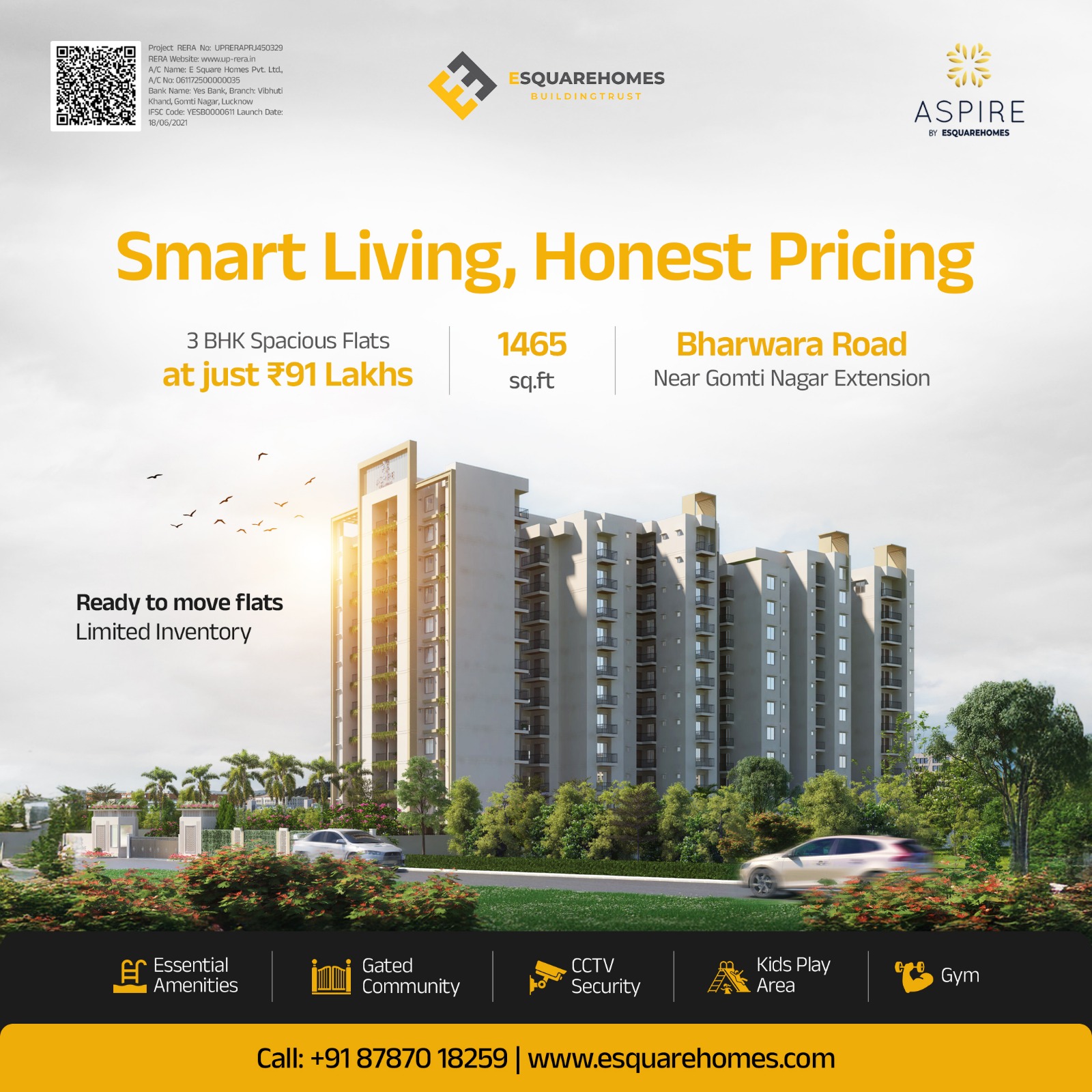 E Square Homes Facebook ad: Ready To Move 3 BHK from ₹91 Lakhs