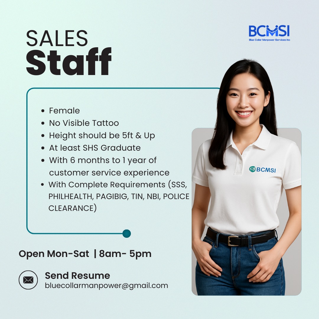 Blue Collar Manpower Services Inc. - LUZON Facebook ad: WE ARE HIRING: SALES STAFF & OPTICIAN TRAINEE