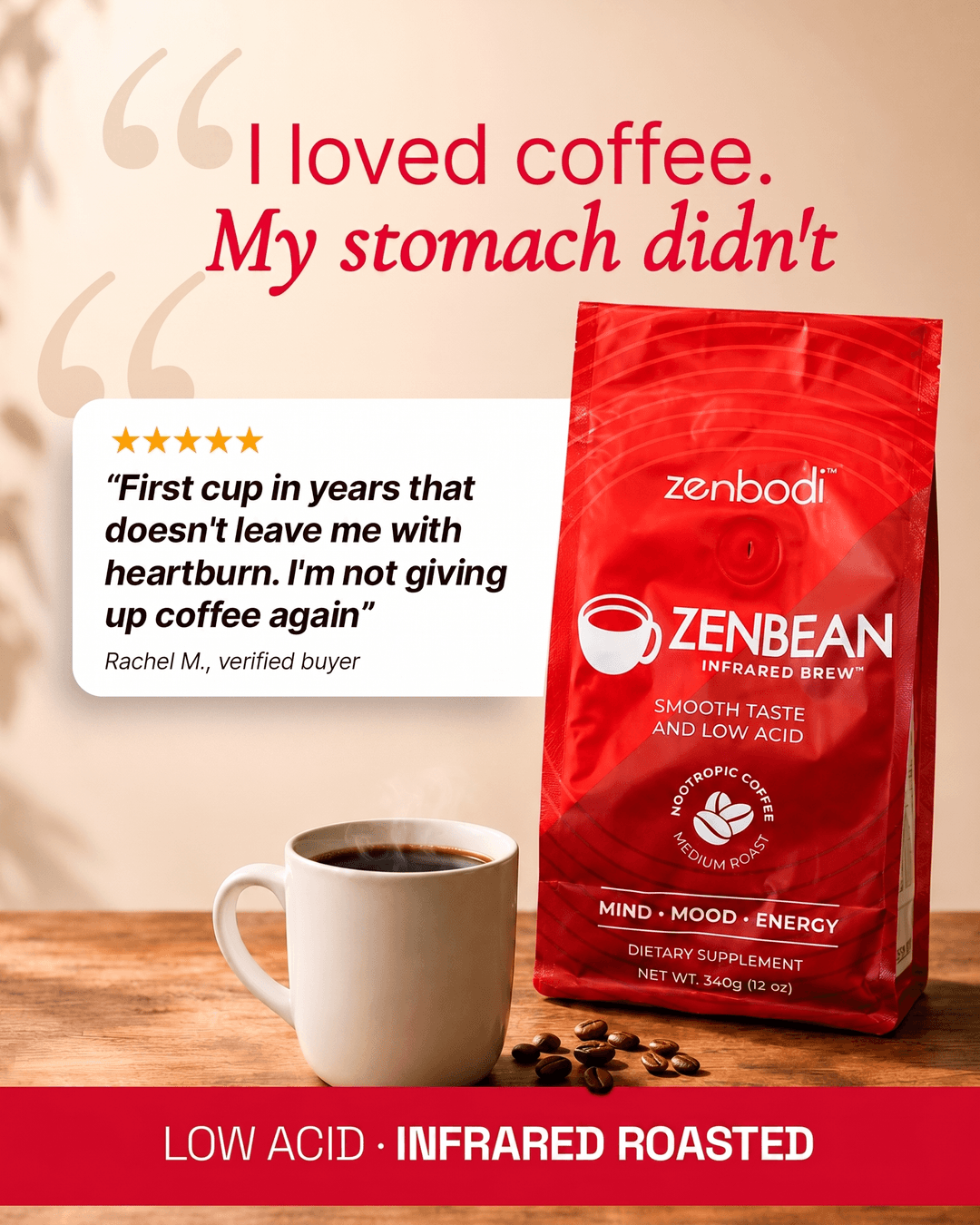 ZenBean Coffee + Events Facebook ad: The Low-Acid Coffee That Loves Your Stomach Back
