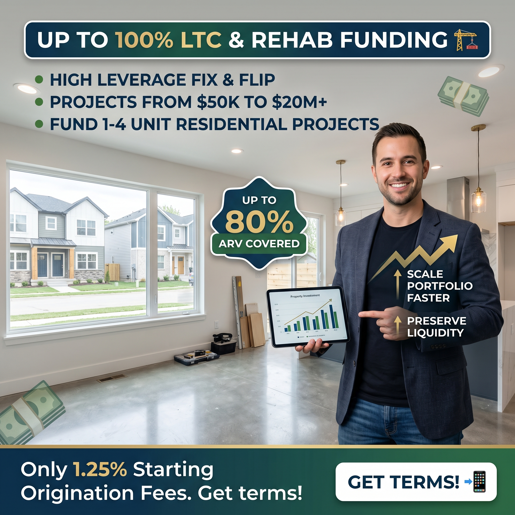 homebldr Facebook ad: Up to 100% LTC & Rehab Funding