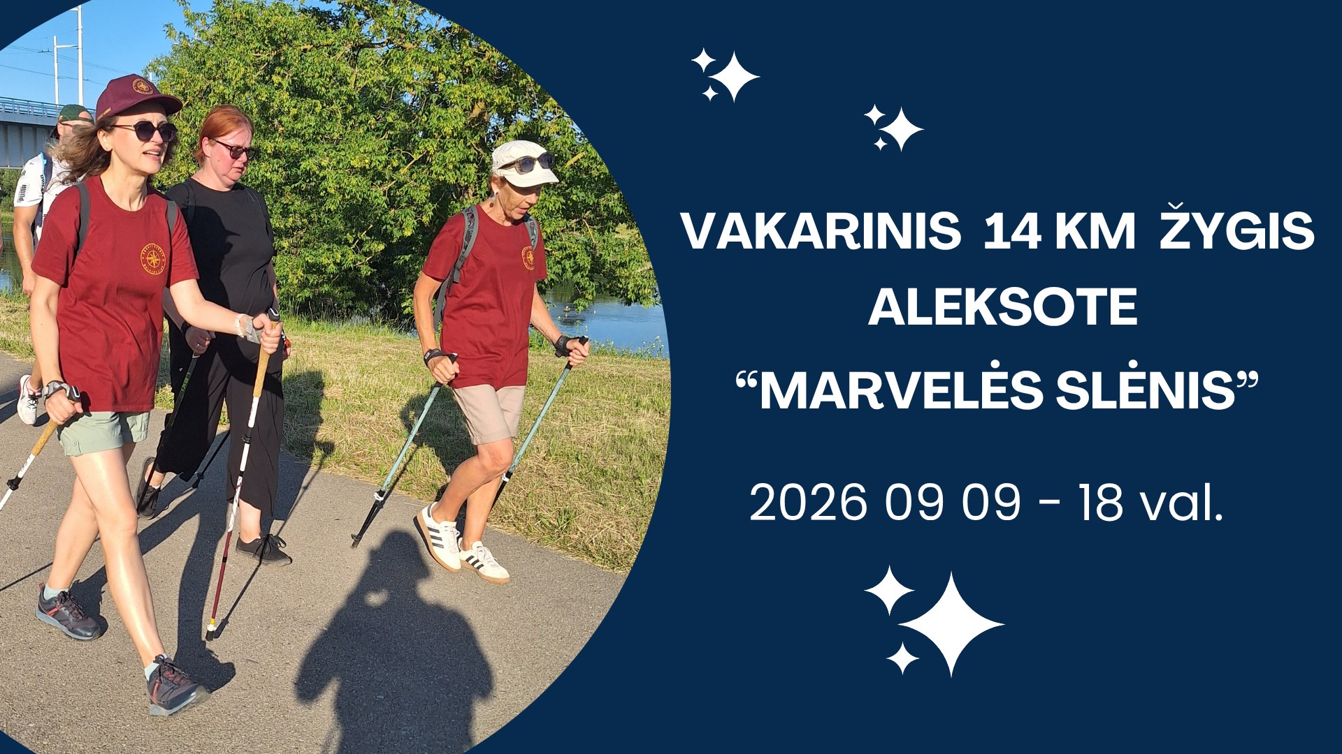 Kauno Šiaurietiškojo Ėjimo Klubas Facebook ad: Vakarinis 14 km žygis Aleksote Marvelės slėnis