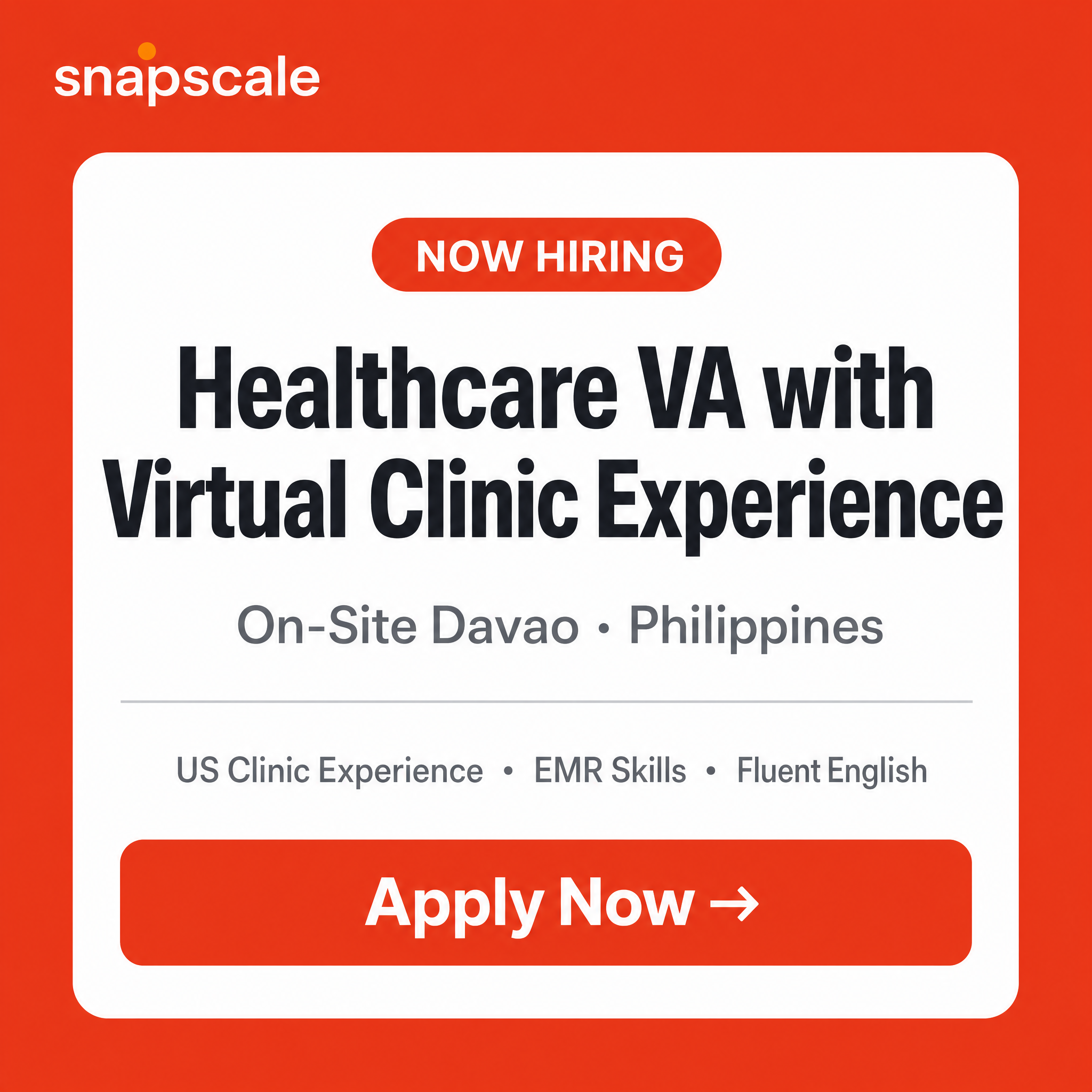 Snapscale.intl Facebook ad: Healthcare VA, Virtual Clinic Experience | On-Site Davao