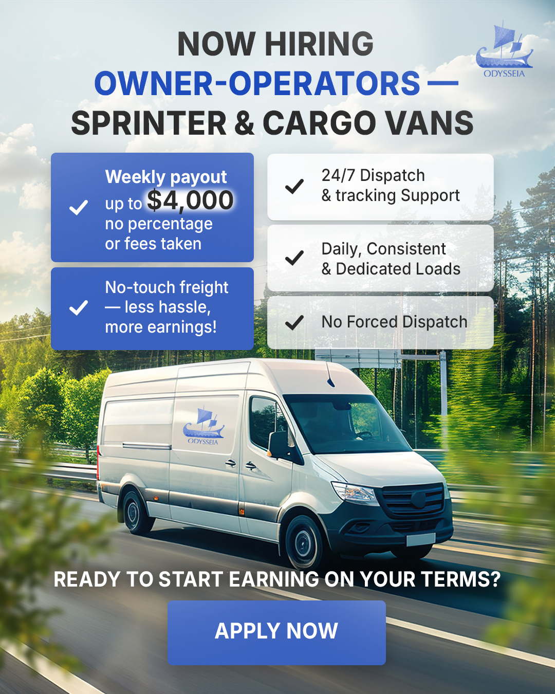 Odysseia Facebook ad: Now Hiring Owner-Operators - Sprinter & Cargo Vans