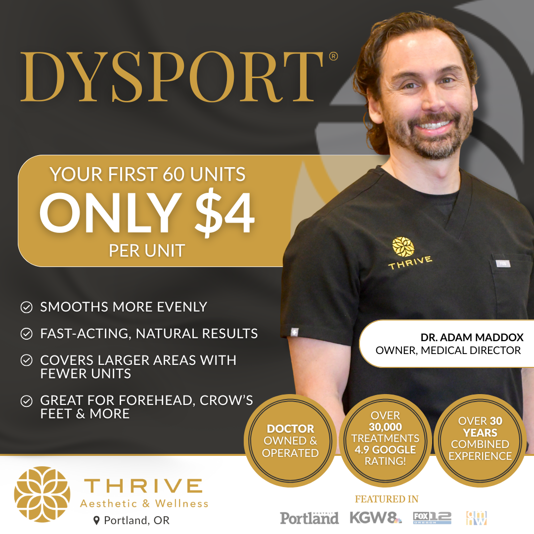 Thrive Aesthetic & Wellness Facebook ad: Get your First 60 Units of Dysport for ONLY $4/unit!