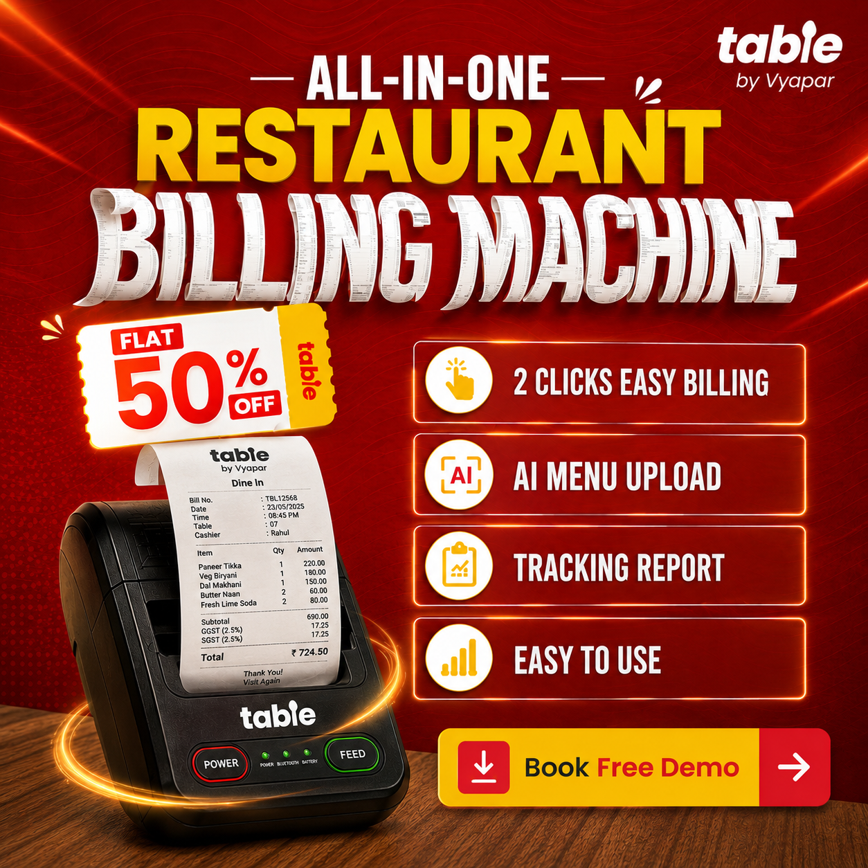 Table by Vyapar Facebook ad: AI-Powered Billing for Restaurants