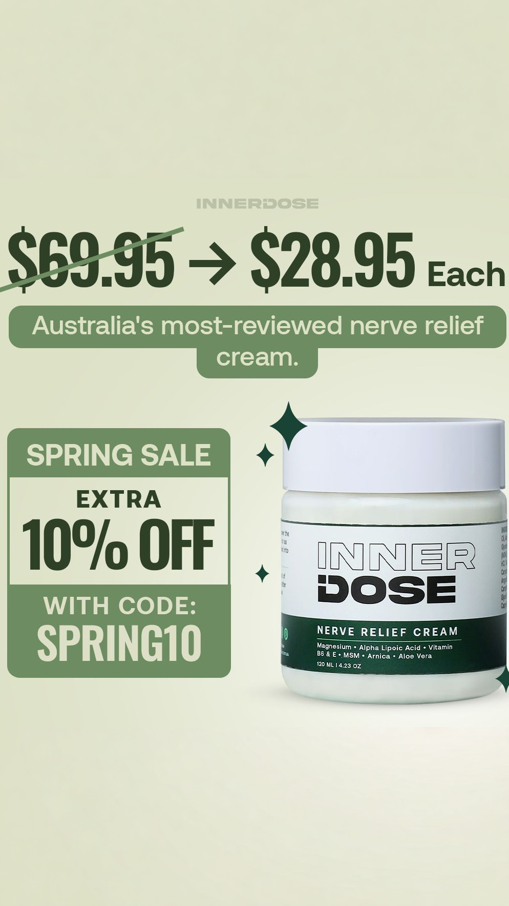 Inner Dose Facebook ad: Up to 50% Off - Spring Sale Live Now!