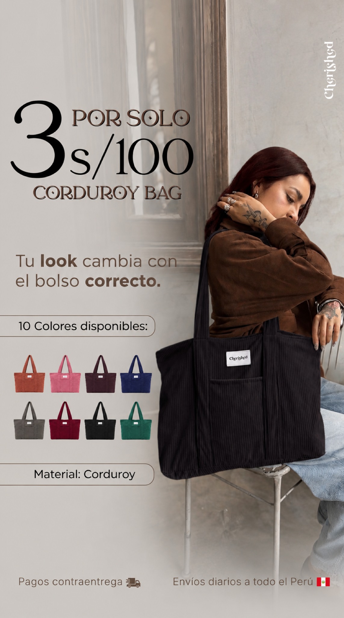 Cherished Perú Facebook ad: 3 bolsos Corduroy x S/100