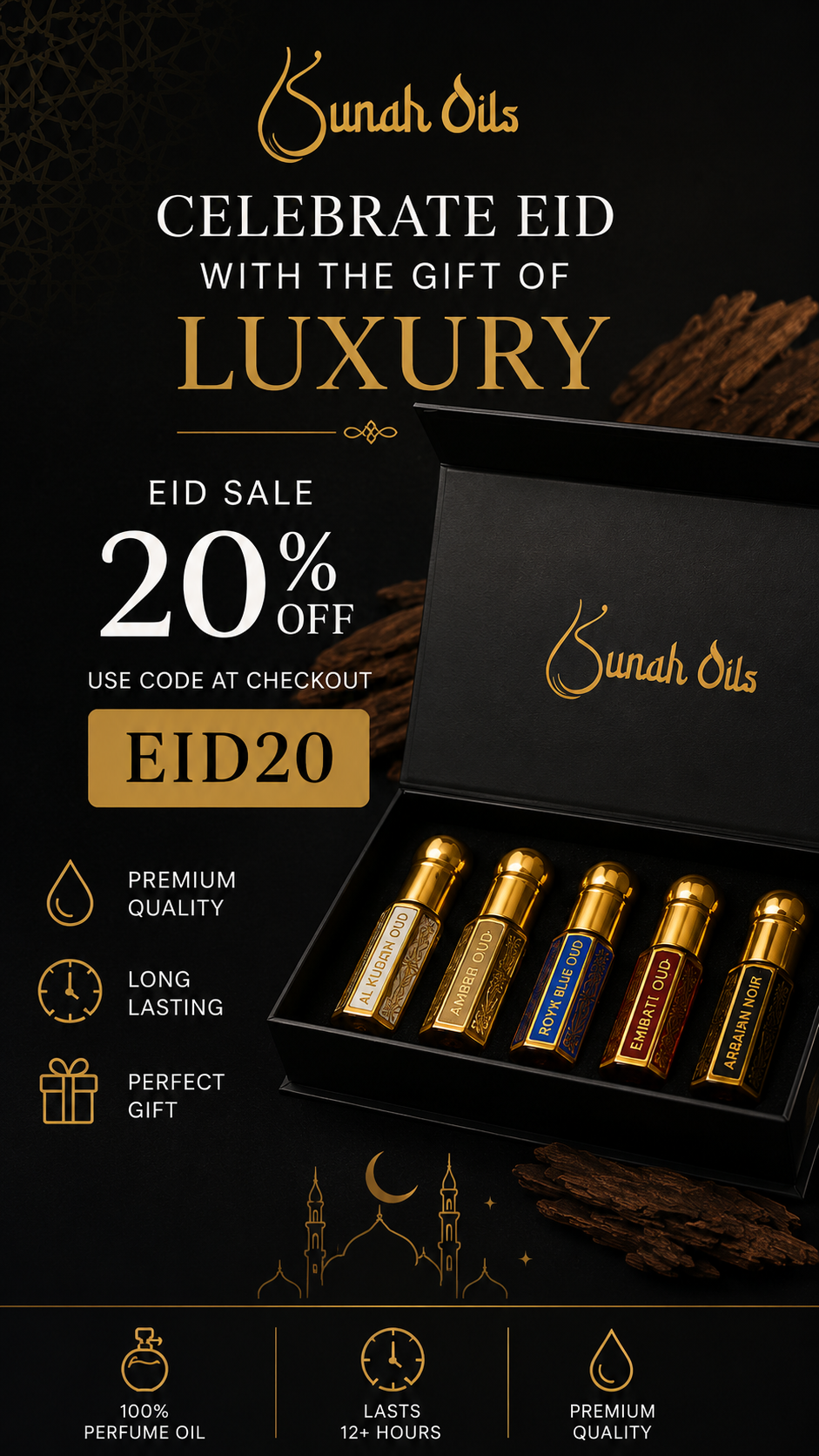 Sunah Oils Facebook ad: Luxury Eid Sale, 20% OFF