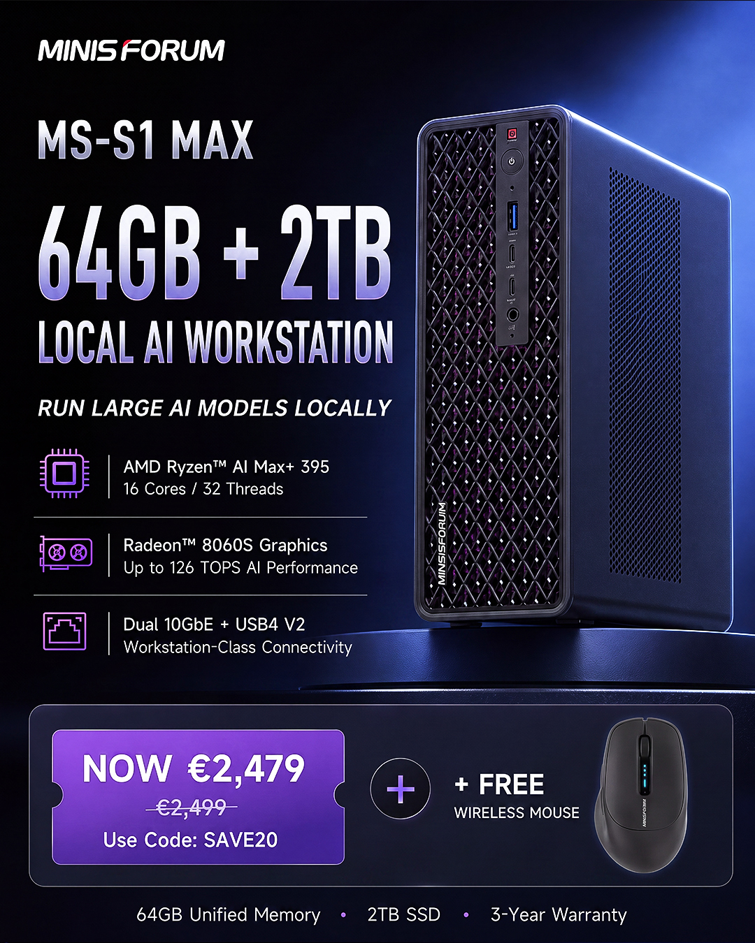 Minisforum EU Deals Facebook ad: 64GB Local AI Workstation, Now €2,479