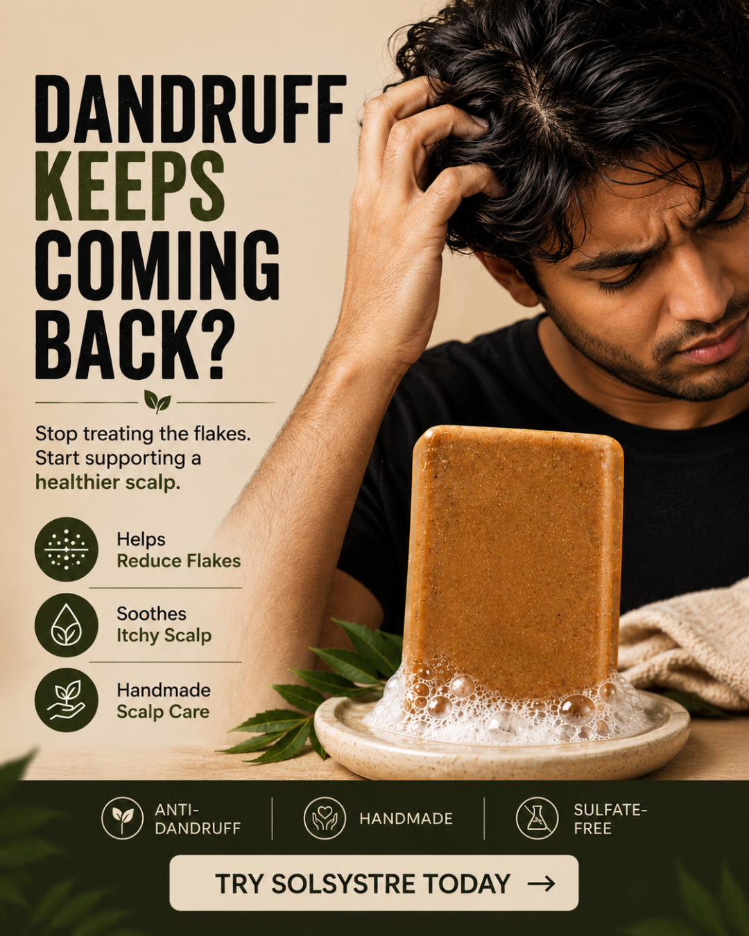 Solsystre Facebook ad: Stop The Dandruff Cycle
