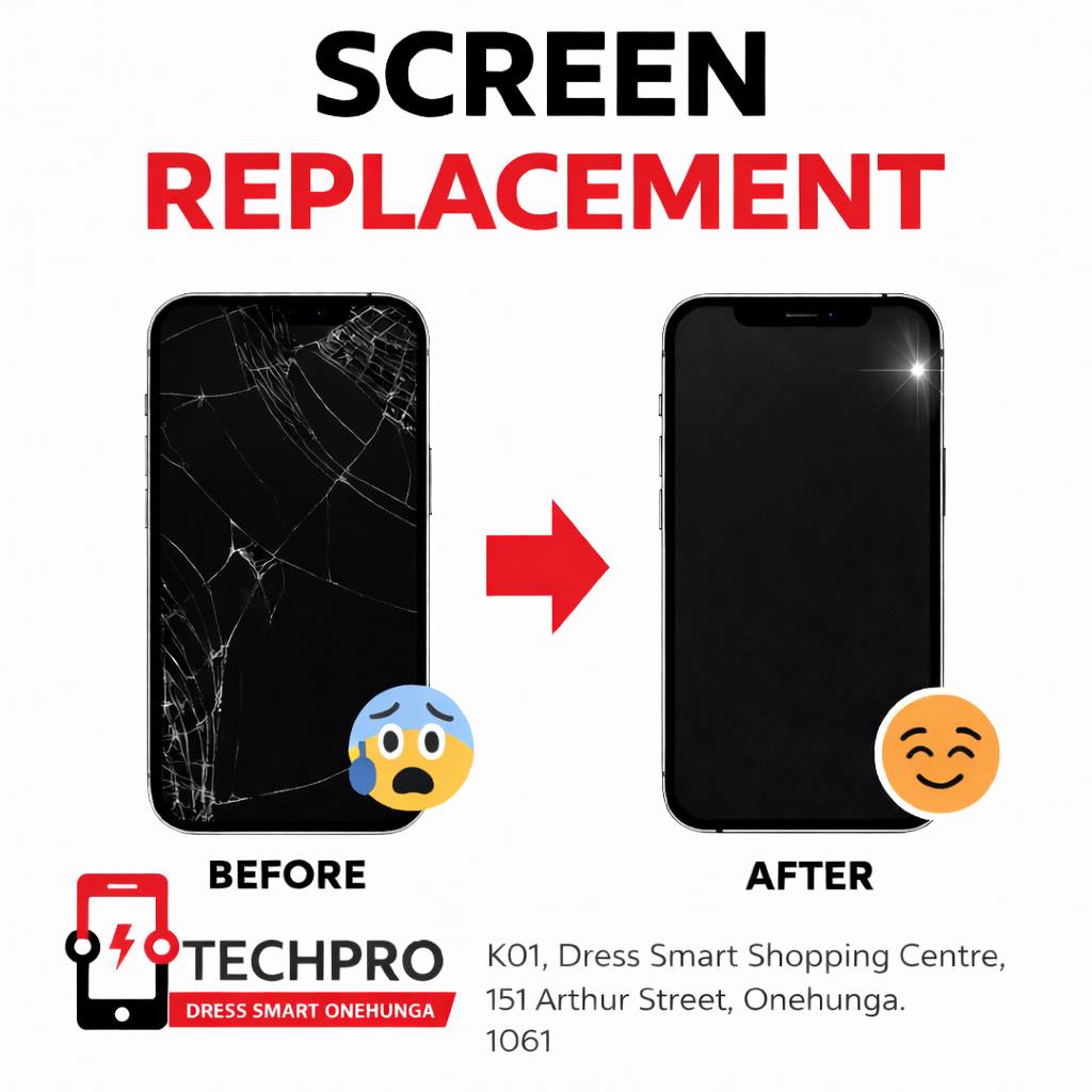 Techpro Dress Smart Onehunga Facebook ad: Broken screen? We make it look brand new.