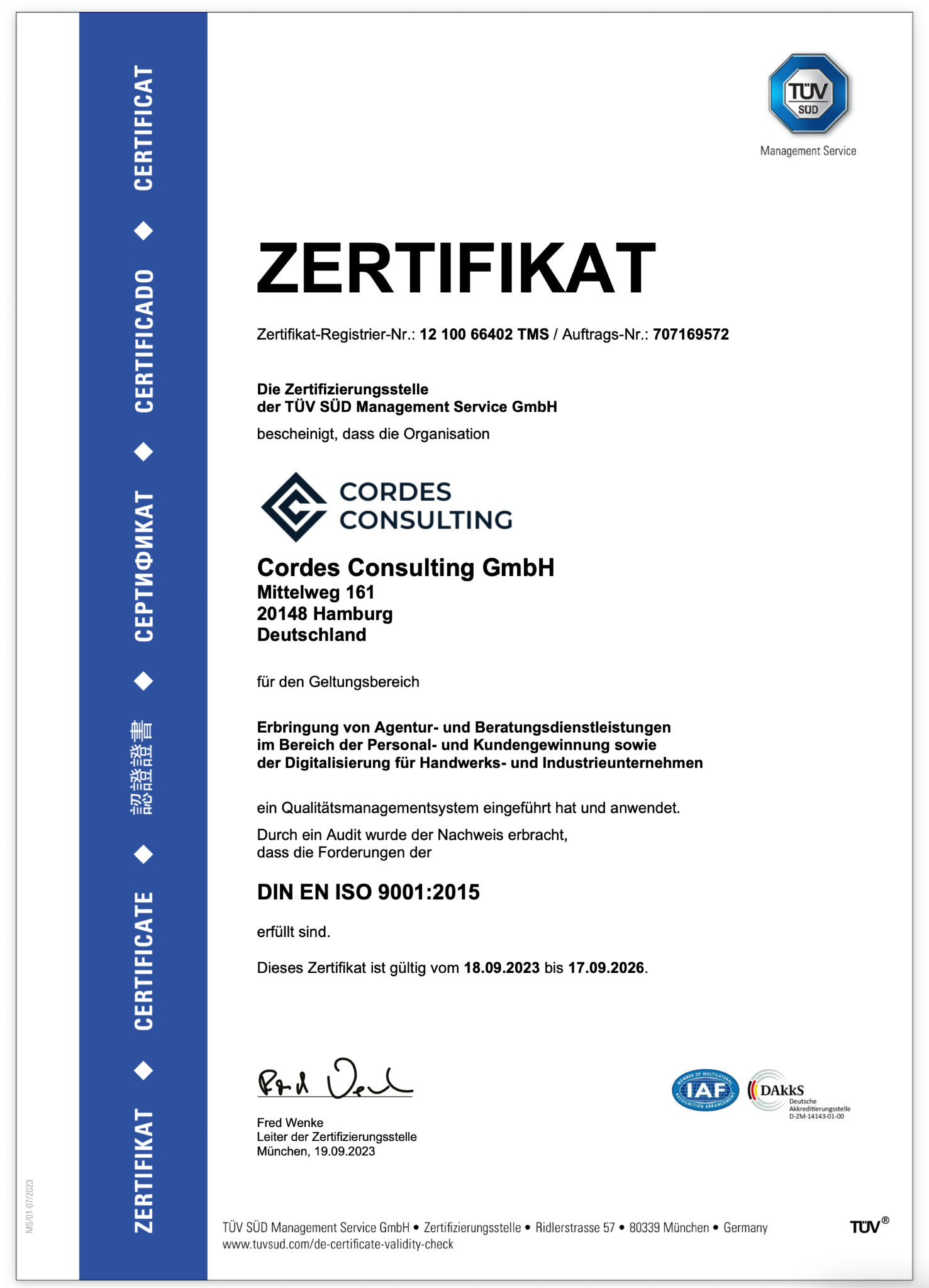 David Cordes Facebook ad: Vom TÜV Süd nach ISO 9001 zertifiziertes Qualitätsmanagement