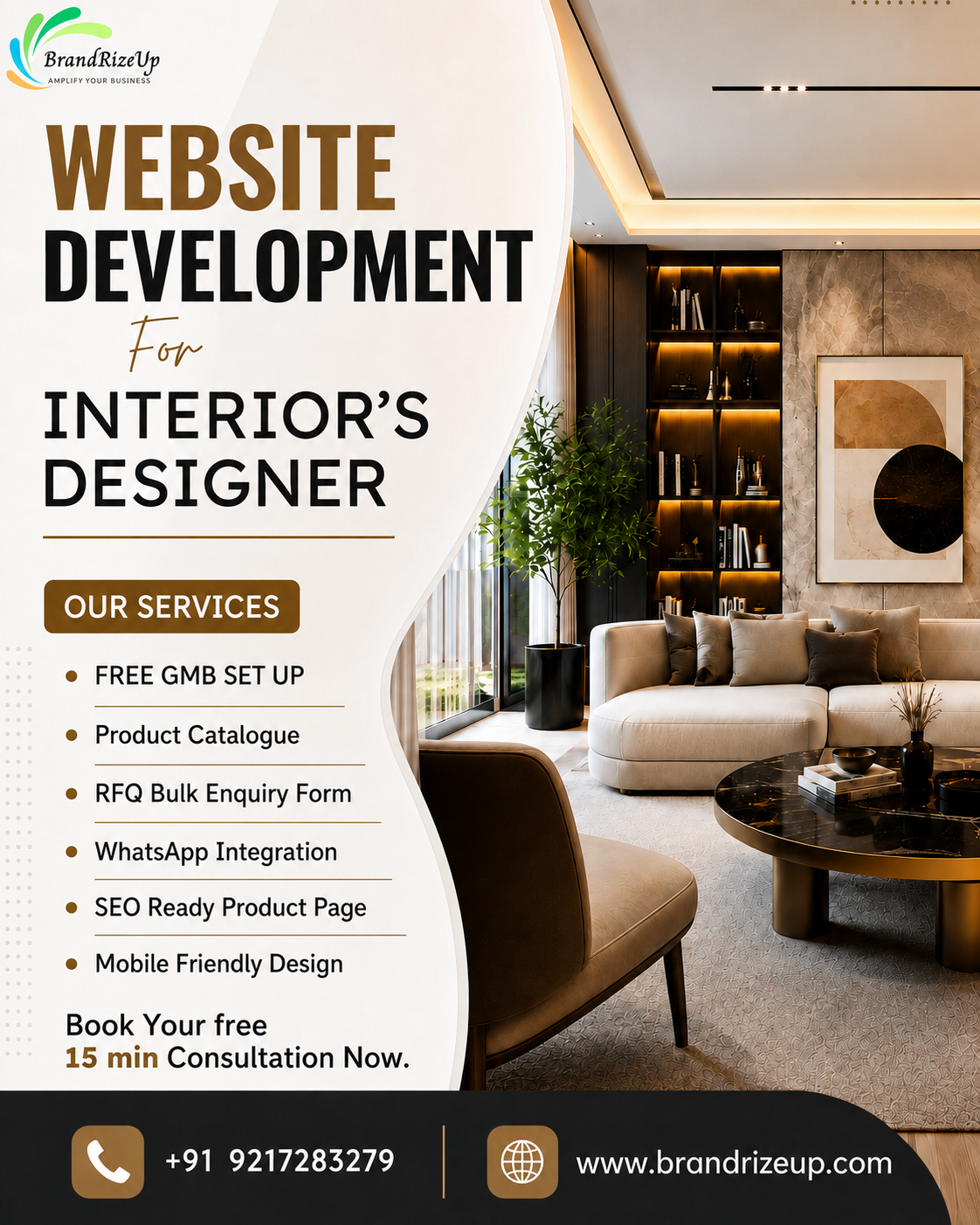Brandrizeup.global Facebook ad: Website Development for Interior Designers