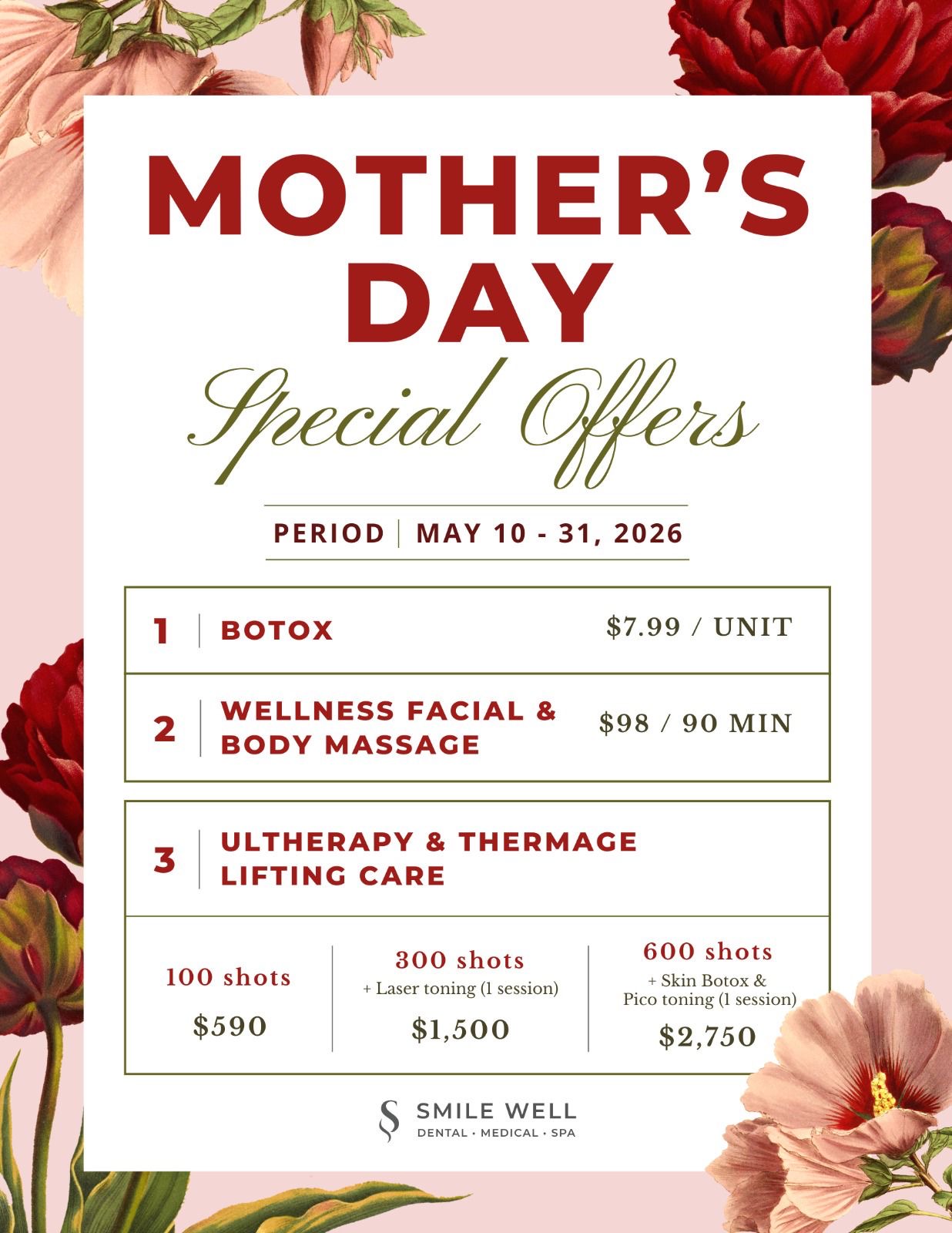 Smile Well Medical & Spa Facebook ad: Mother’s Day Special: Lift + Tighten + Contour