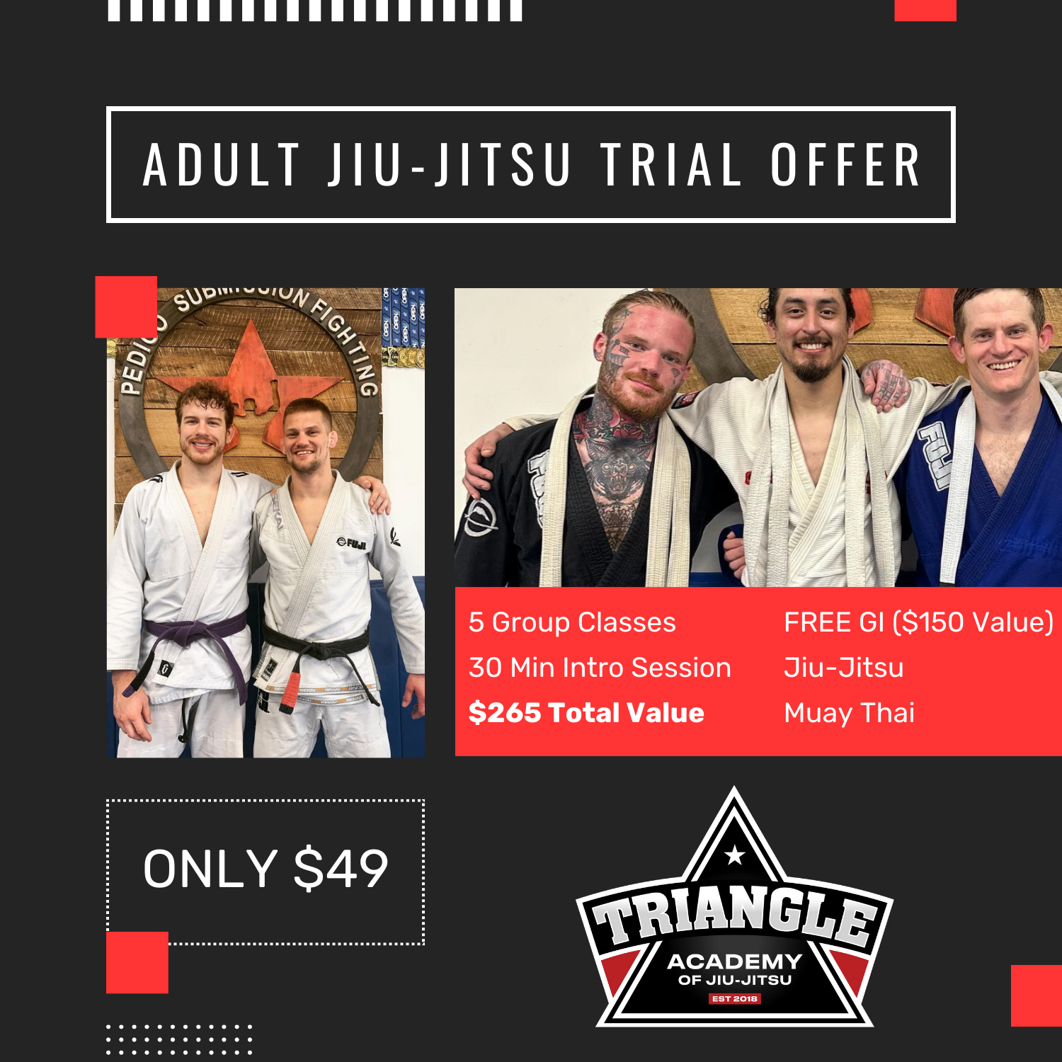Triangle Academy of Jiu-Jitsu Facebook ad: $265 Value For Only $49