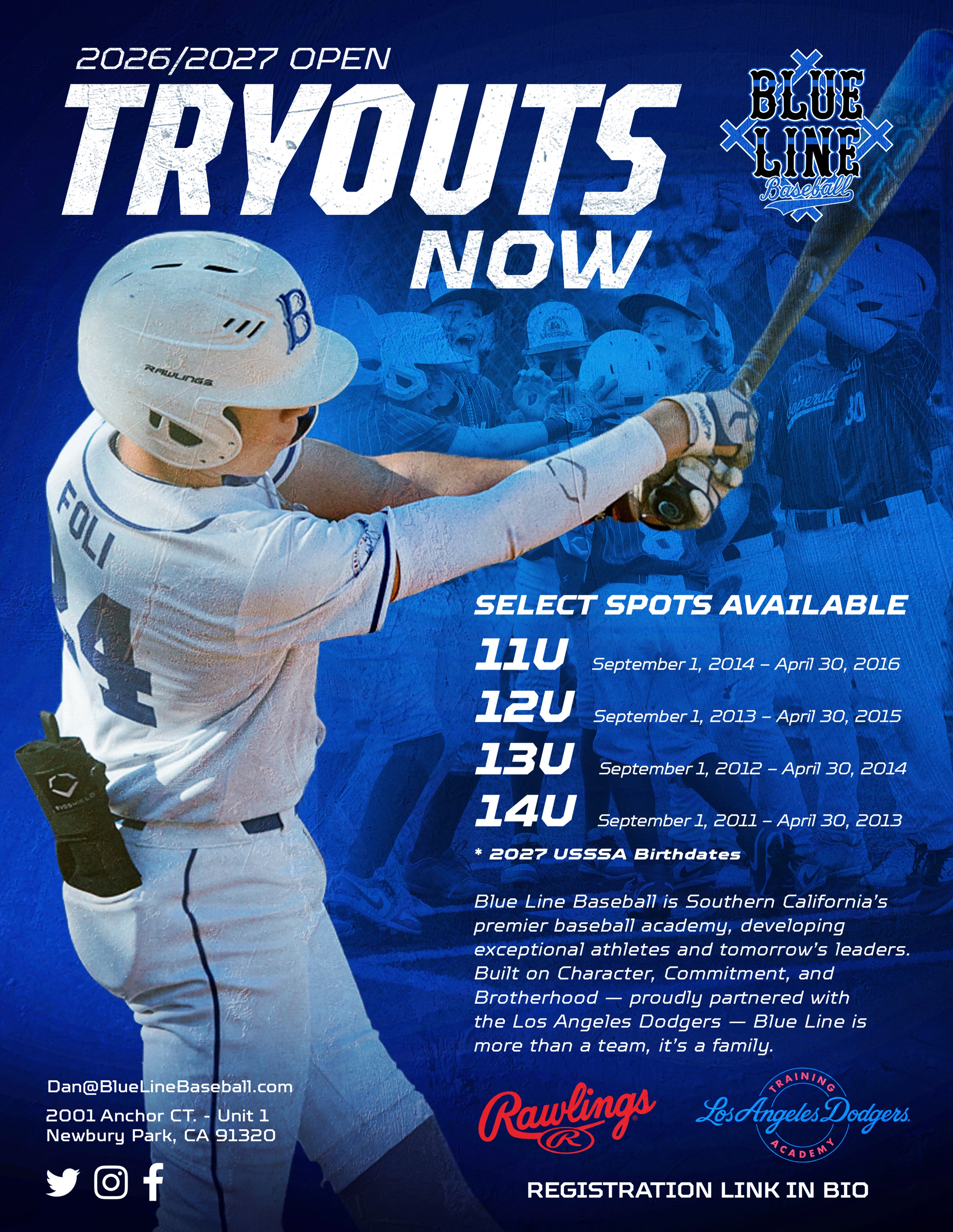 Blue Line Baseball Facebook ad: 2026 Blue Line Baseball Tryouts