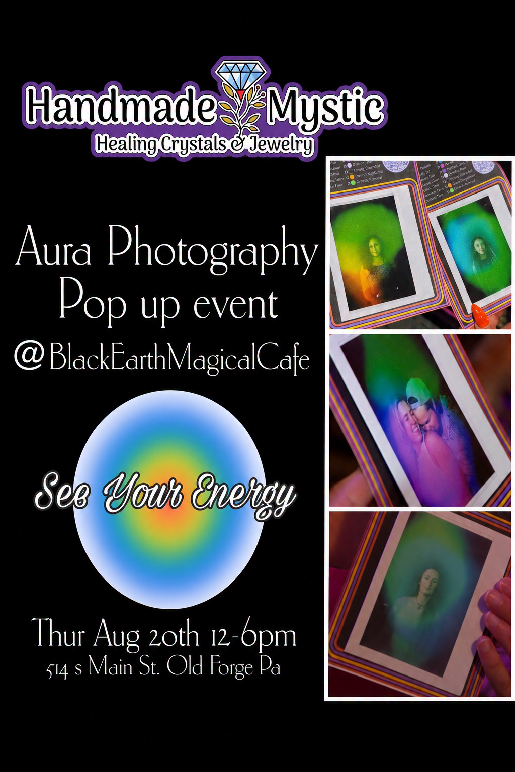 Handmade Mystic Healing Crystals and Jewelry Facebook ad: Aura photography @ Black Earth Magical Cafe with Handmade…