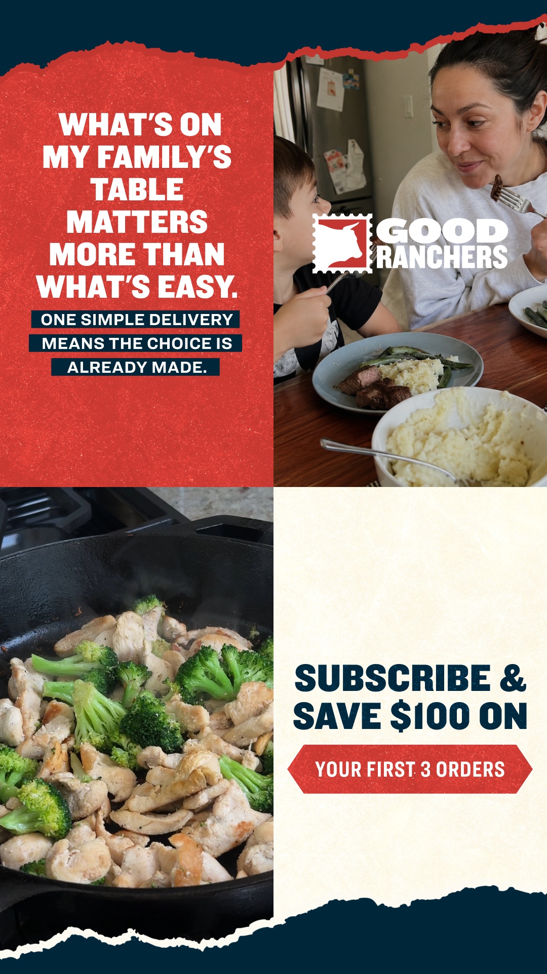 Good Ranchers Facebook ad: Premium Meats, Right At Home.