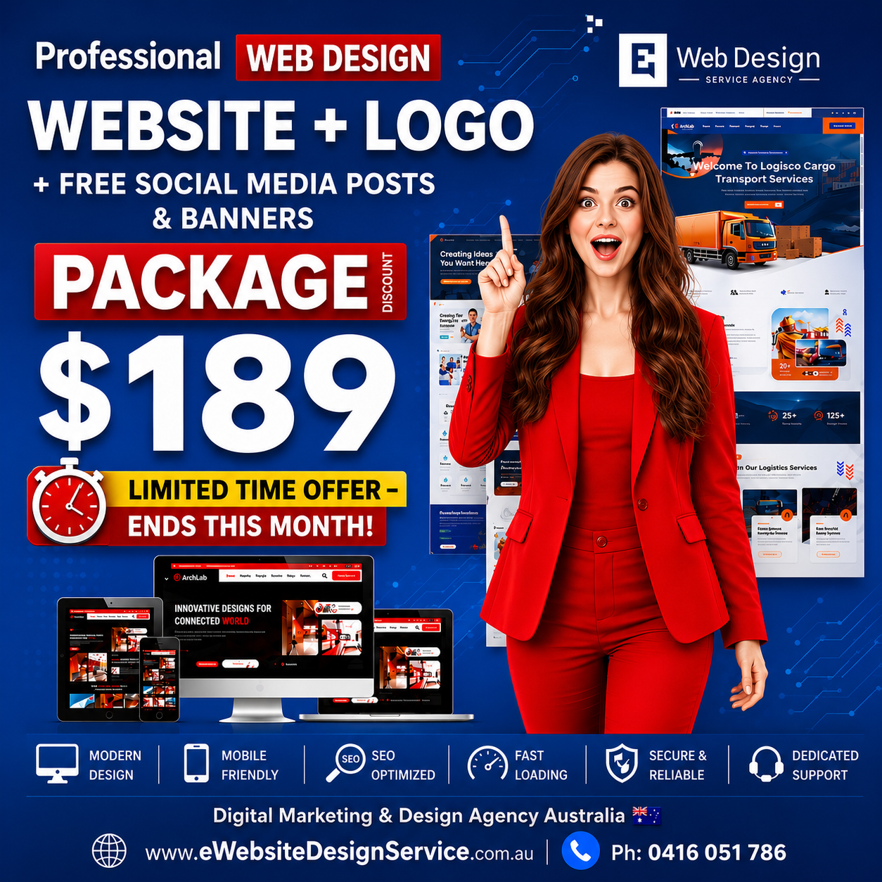 E Web Design Service Facebook ad: Professional Website Design Package +Srunning Logo + Free…