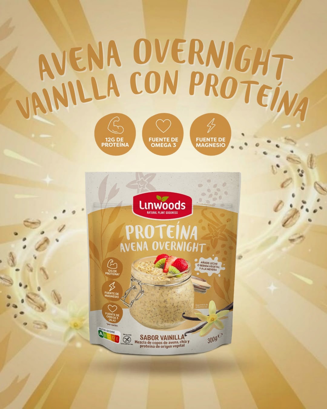 Linwoods España Facebook ad: ¡Ya están aquí nuestros nuevos copos de avena…