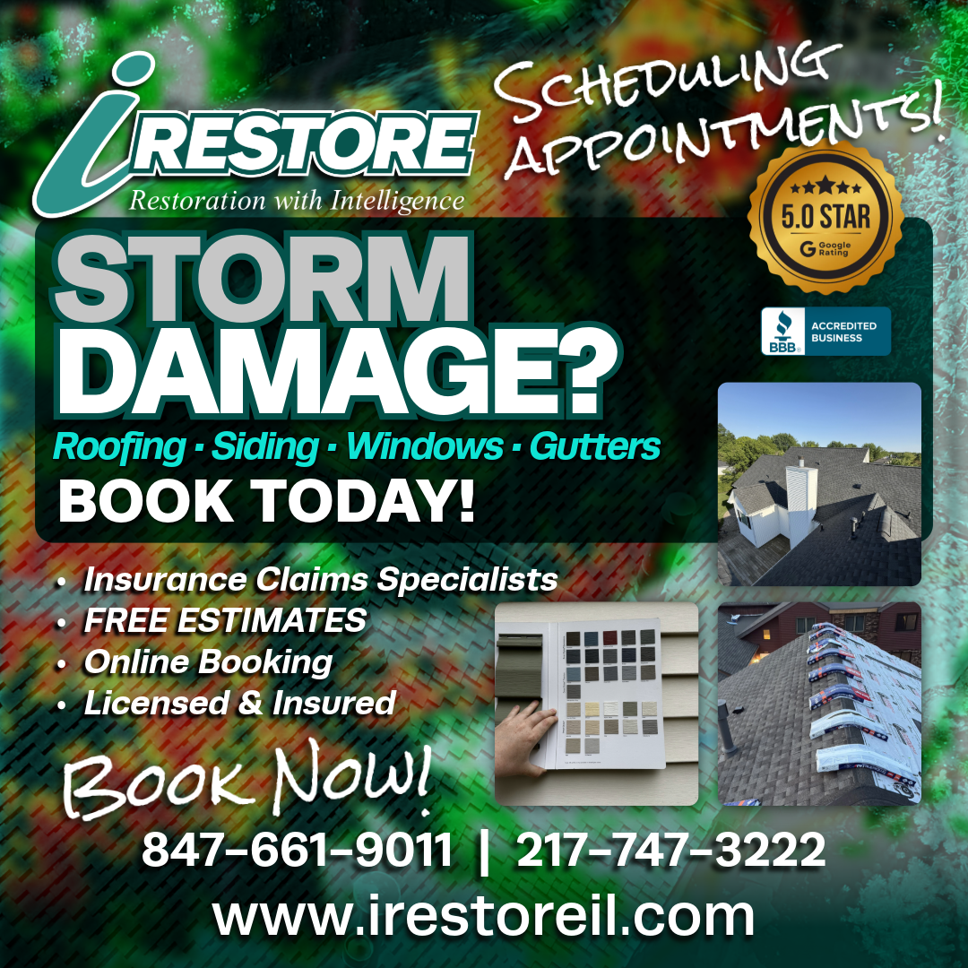 IRestore Facebook ad: Roofing, Siding, Window & Gutter Services for IL…