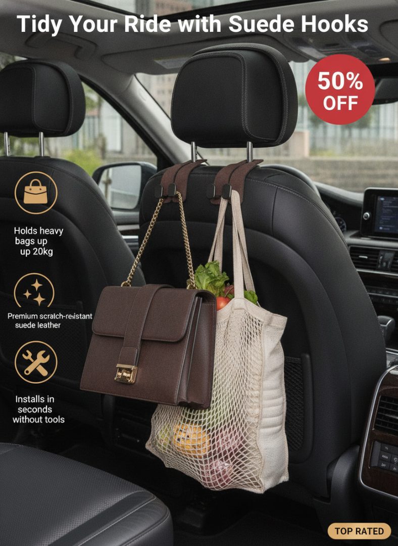 Propaneling Facebook ad: Suede‑Wrapped Headrest Car Hooks | Elegant In‑Vehicle…