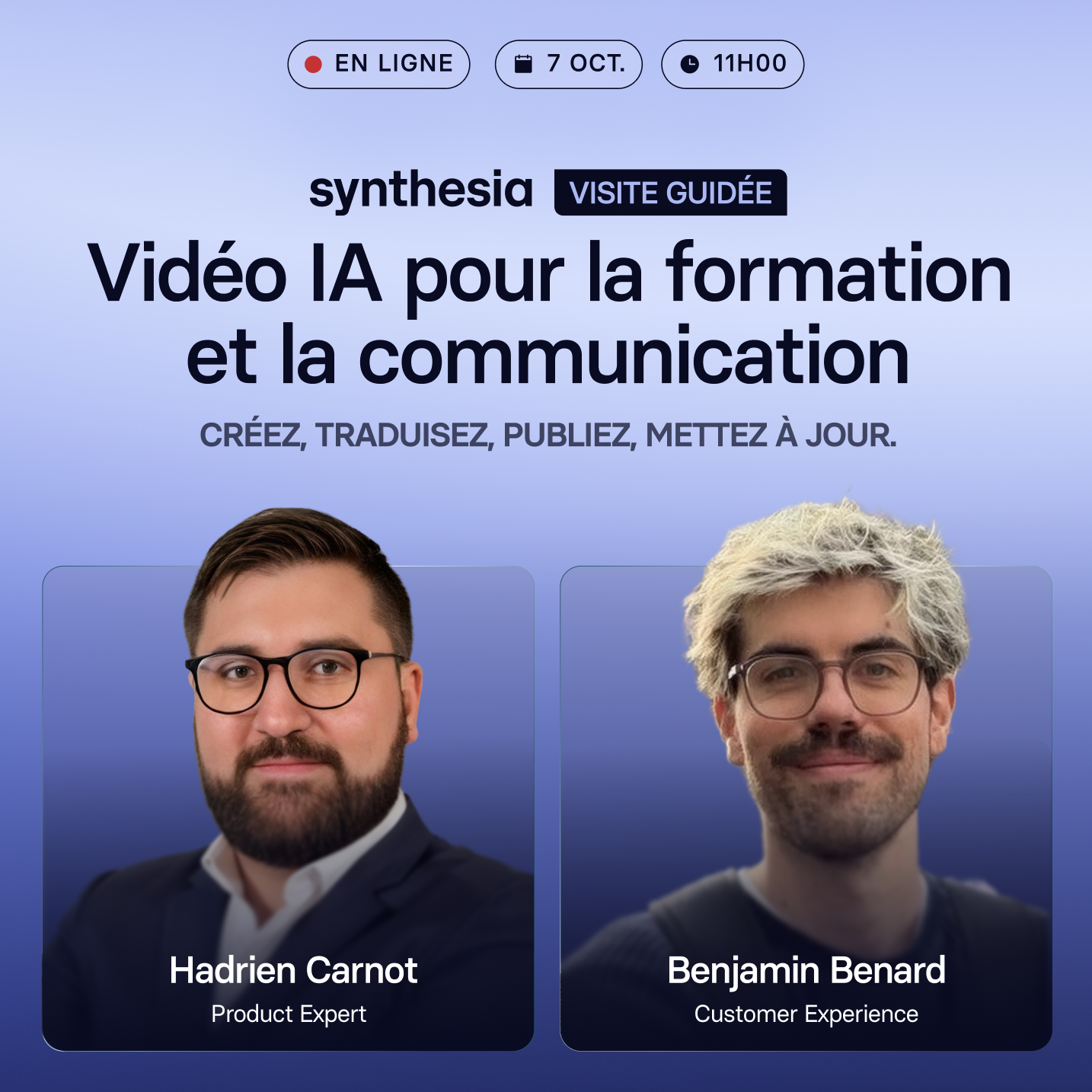Synthesia Facebook ad: Vidéo IA pour la formation: présentation Synthesia en direct