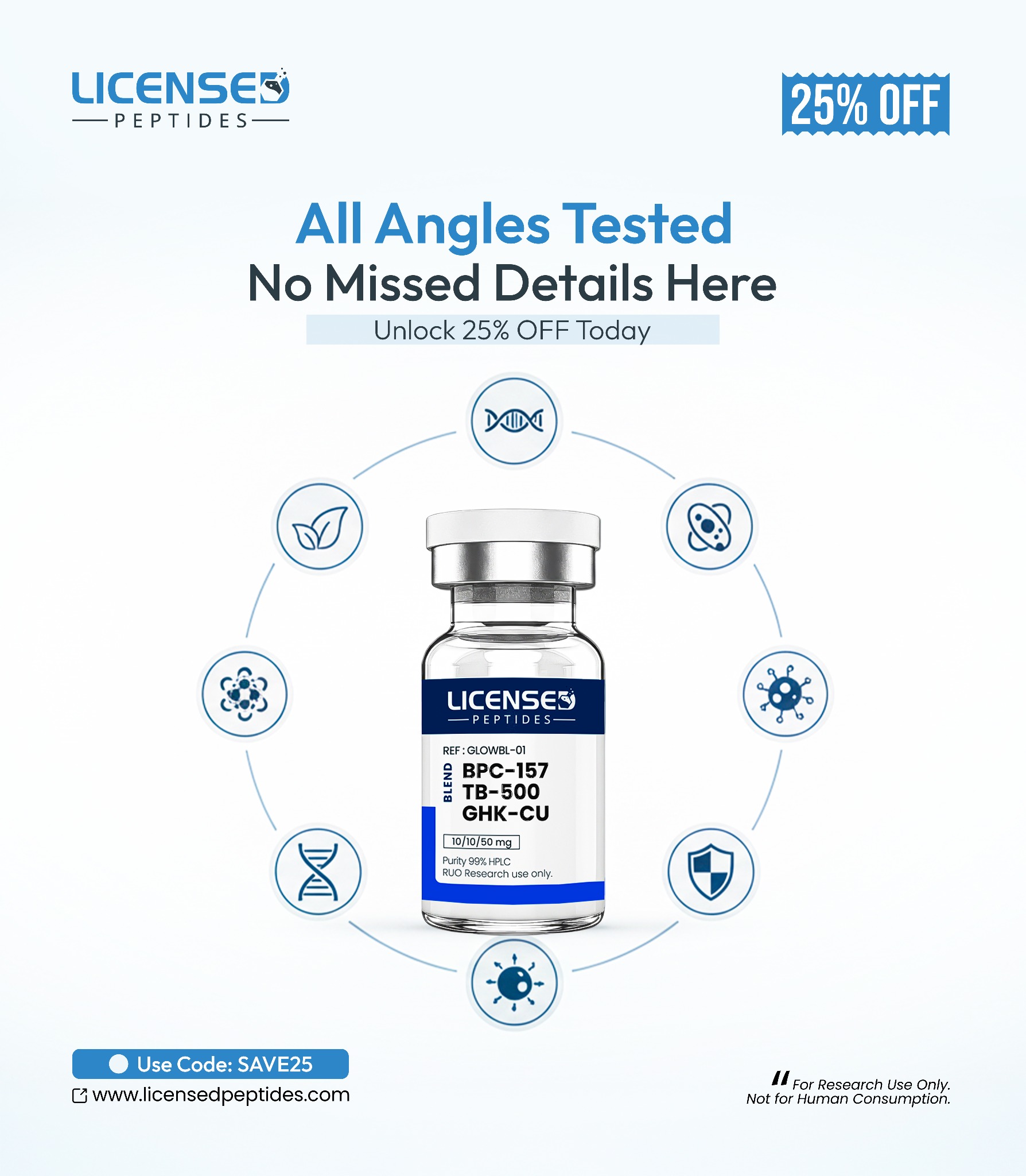 LicensedPeptides.com Facebook ad: Take 25% Off Today