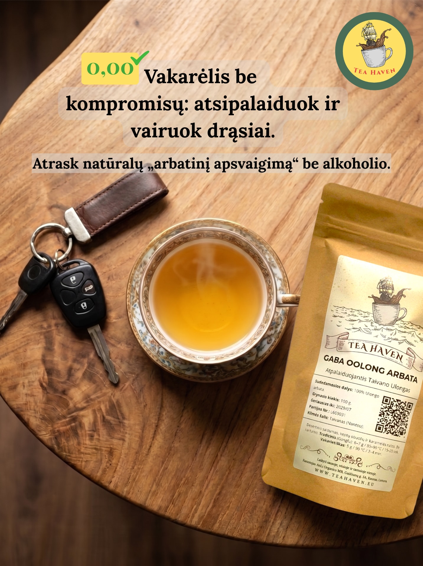 Tea Haven Facebook ad: 0.00 promilių. Vairuok drąsiai.